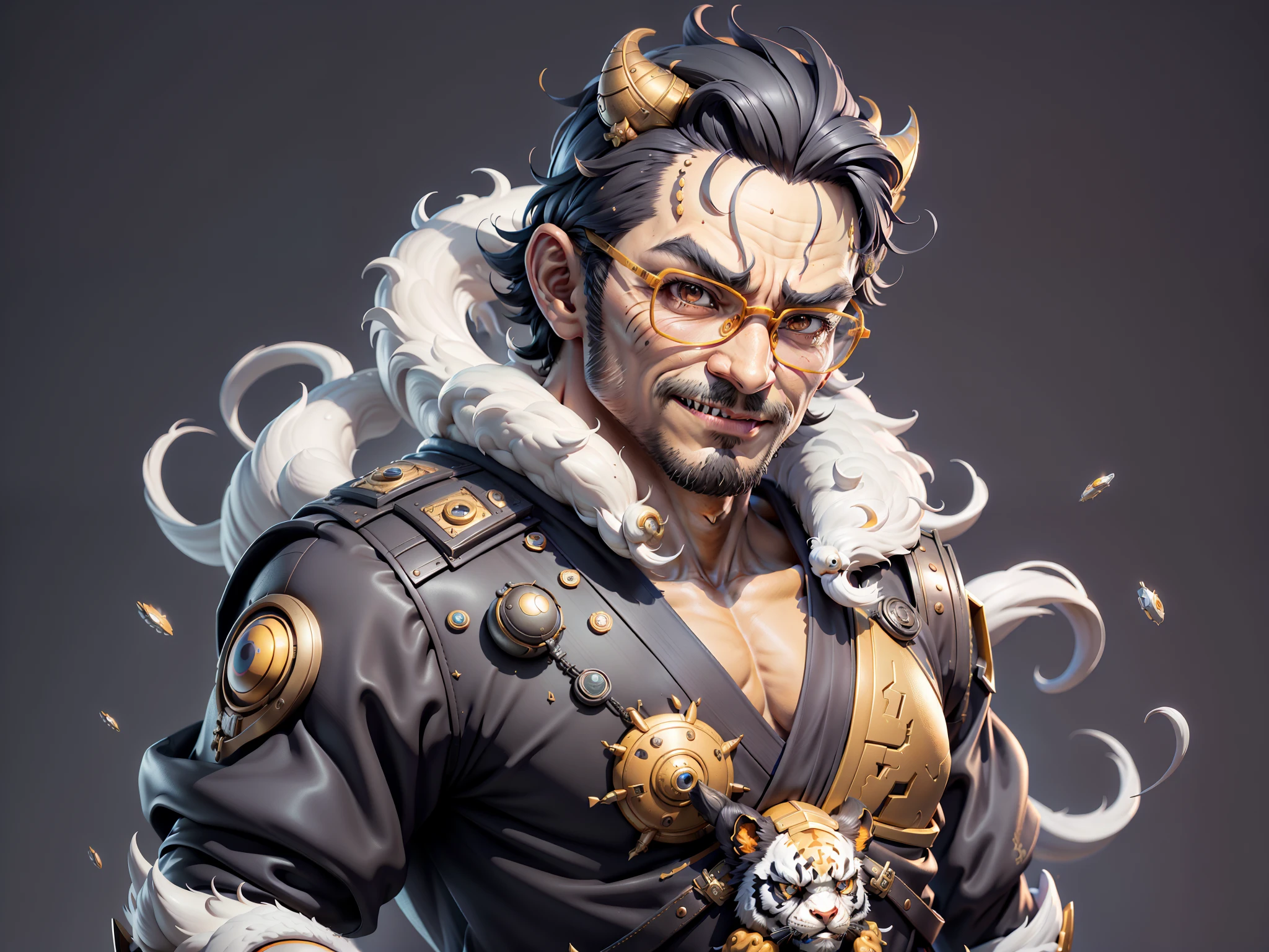 (Masterpiece), (Excellent), (Super Meticulous), (Full Body: 1.2), Super Young Man with Japanese Female Geisha, Pretty, Beautiful, Chinese Dragon, Tiger, Wind God Thor, Sexy, Bursting, Oriental Face, TV Anchor, Bust Portrait Illustration, Black Suit, Blue Tie, Slightly Chubby Face, Silver Glasses, Very Clean Face, No Beard on Chin, Black Super Short Hair, Black Eyes, Confident Smile, 3c Computer Sub-Products, iPad, iPhone, Digital Painting, 3D character design by Mark Clairedon and Pixar and Hayao Miyazaki and Akira Toriyama, the illustrations are HD illustrations in 4K resolution with highly detailed facial features and cartoon-style visuals.