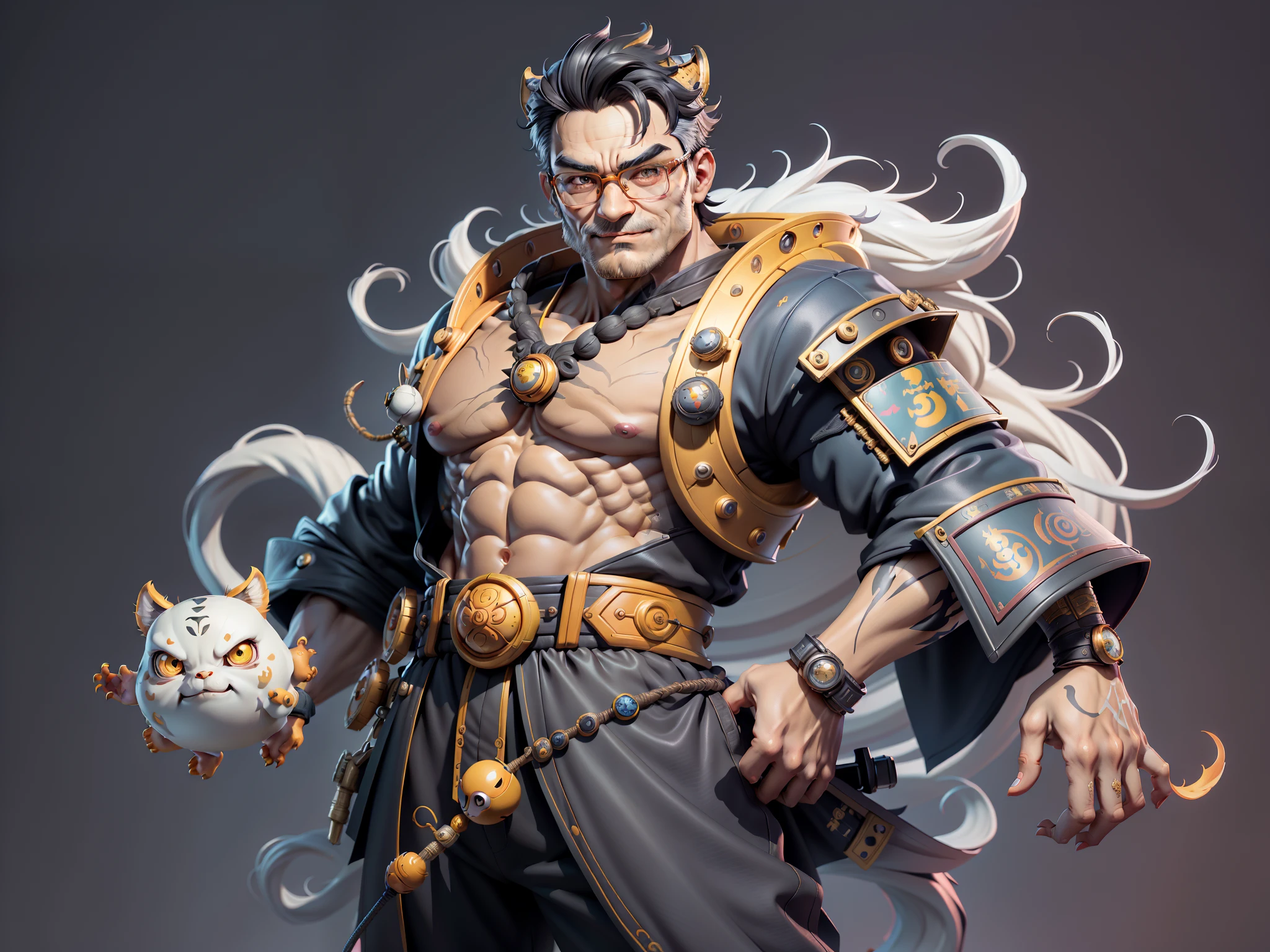 (Masterpiece), (Excellent), (Super Meticulous), (Full Body: 1.2), Super Young Man with Japanese Female Geisha, Pretty, Beautiful, Chinese Dragon, Tiger, Wind God Thor, Sexy, Bursting, Oriental Face, TV Anchor, Bust Portrait Illustration, Black Suit, Blue Tie, Slightly Chubby Face, Silver Glasses, Very Clean Face, No Beard on Chin, Black Super Short Hair, Black Eyes, Confident Smile, 3c Computer Sub-Products, iPad, iPhone, Digital Painting, 3D character design by Mark Clairedon and Pixar and Hayao Miyazaki and Akira Toriyama, the illustrations are HD illustrations in 4K resolution with highly detailed facial features and cartoon-style visuals.