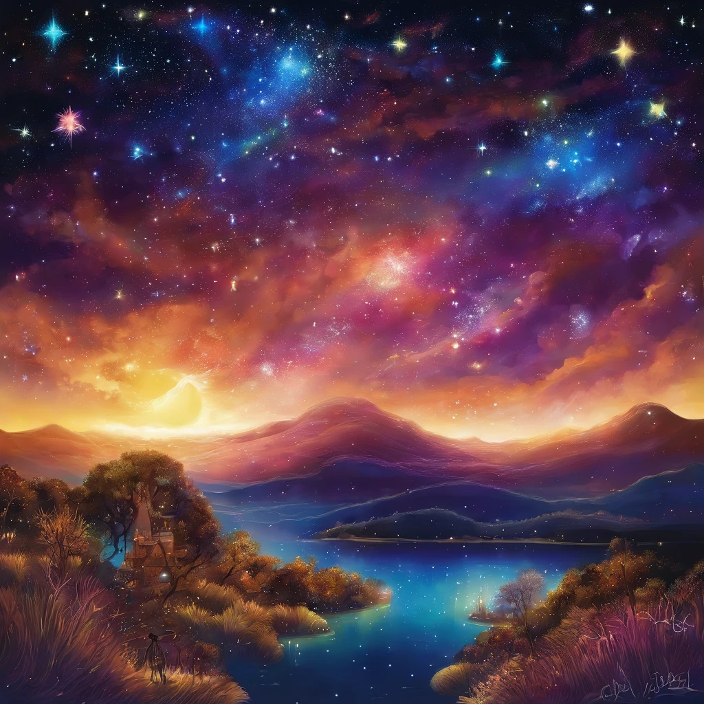 El cielo nocturno debe estar lleno de constelaciones brillantes, generando un ambiente oscuro y misterioso, cielo lleno de estrellas luminosas.