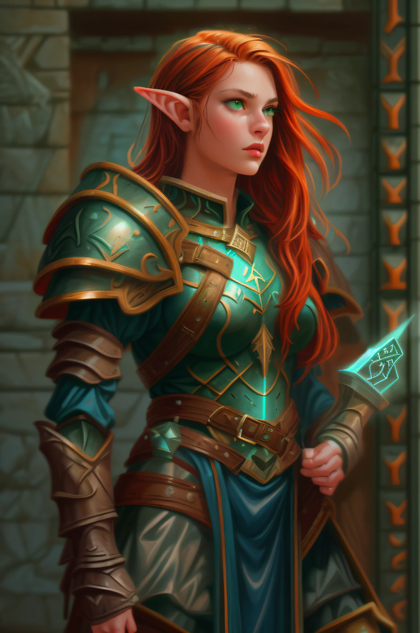pixel art picture of a scene from Baldurs Gate, a portrait of a female elf cleric, red hair, green eyes, extremelley beautiful, ultra feminine, wearing heavy armor, GlowingRunes_paleblue from armor, ultra best realistic pictures , best details, best quality, 16k, [ultra detailed], masterpiece, best quality, (extremely detailed), ultra wide shot, photorealism, depth of field, hyper realistic painting