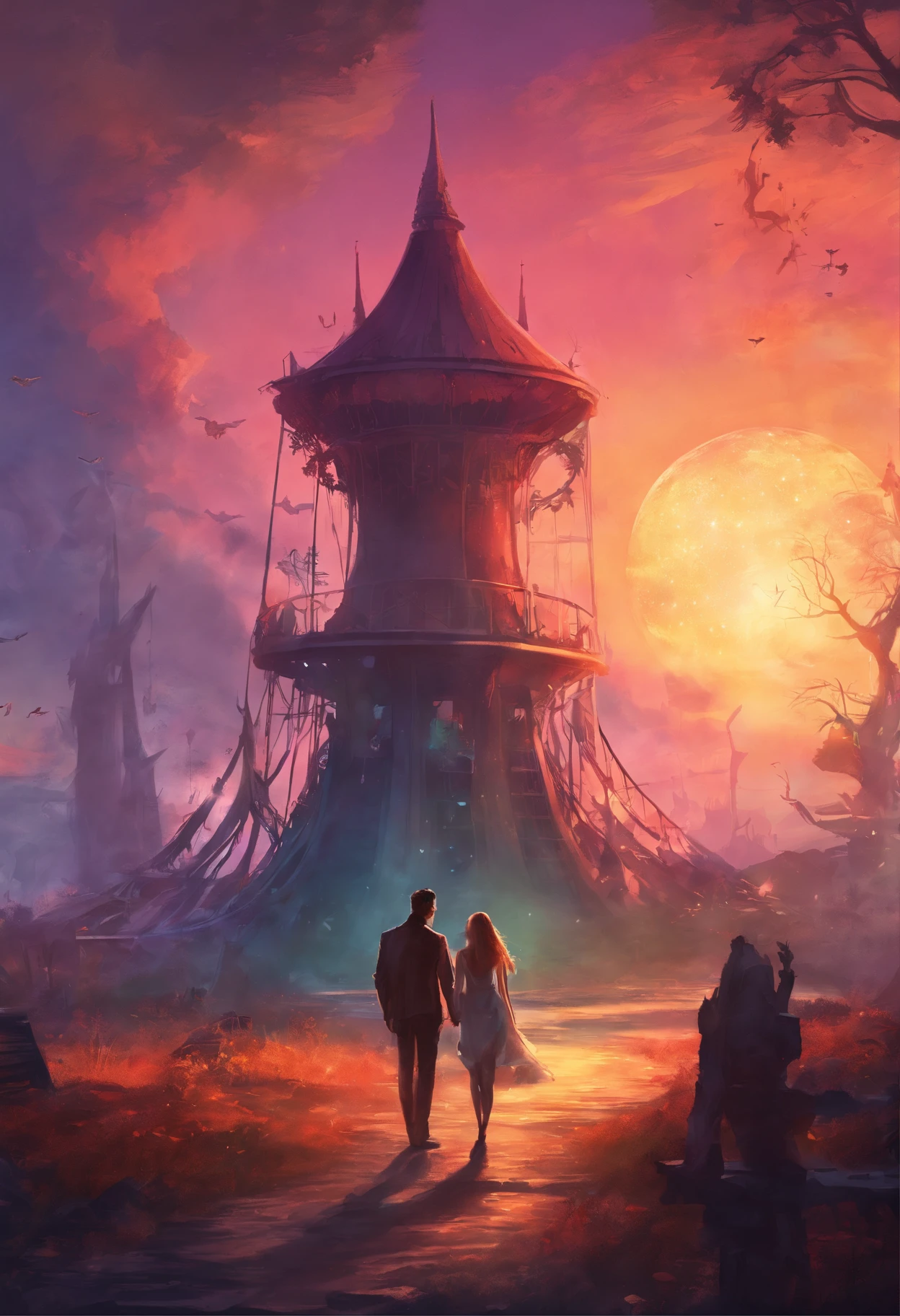 A man and his girlfriend in an abandoned amusement park, sun sunset, You only see silhouettes of the man and the woman