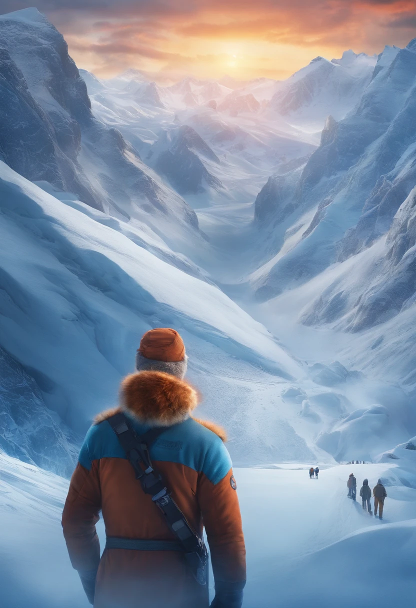 Create a group of scientists on a journey on a frozen mountain with state-of-the-art technology