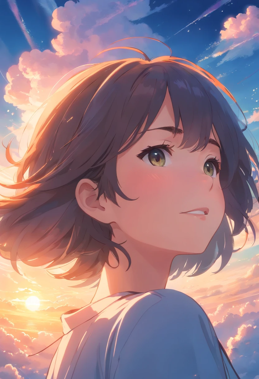 masterpiece, best quality, movie still, 1girl, cloud girl, floating in the sky, close-up, bright, happy, warm soft lighting, sunset, (sparks:0.7)