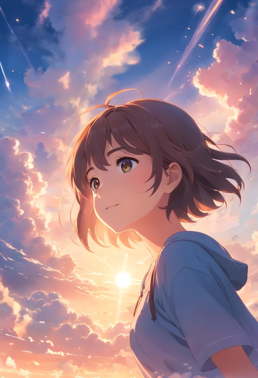 masterpiece, best quality, movie still, 1girl, cloud girl, floating in the sky, close-up, bright, happy, warm soft lighting, sunset, (sparks:0.7)