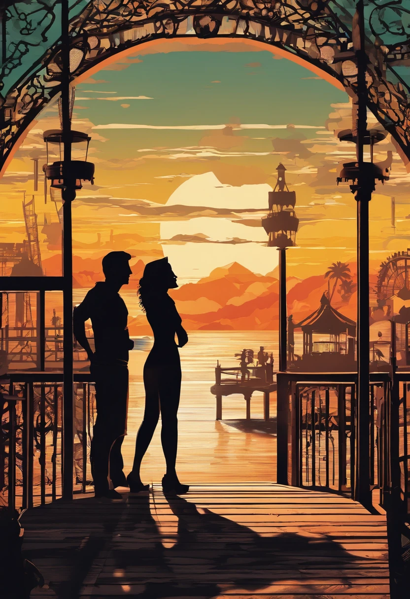 A man and his girlfriend in an abandoned amusement park, sun sunset, You only see silhouettes of the man and the woman, colorful,(masterpiece, best quality, high quality, highres, ultra-detailed),