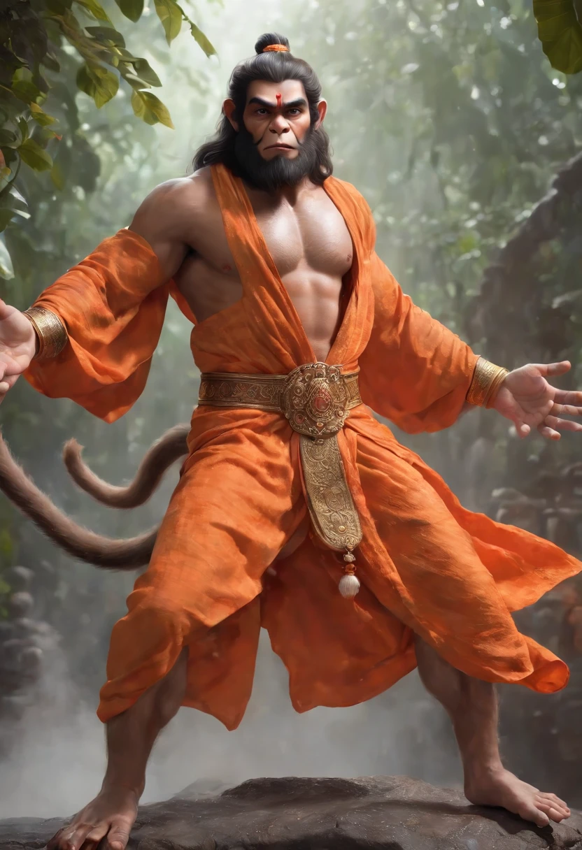 a 35 years old man who has a face of a monkey, has a long tail as a monkey, proper eyes, An Indian god, Lord Hanuman, face of a monkey , moderate stature, has a big tail, Fire on the background, strongly built, broad-chested, narrow-waisted, and long-armed, big golden sword in his hand, in a dark forest (Professional 3D rendering:1.3) by (Realistic:1.3) World's most beautiful art picture, Features soft, dark complexation male heroes , hindu god, indian god, ((Epic hindu god , lord Hanuman, fantasy rough muscular man wet hero angry look long hair long slightly white beard and fierce expression in dynamic pose, wearing a orange robe, inside a jungle, burning lights in the background, majestic environment)), full body 8k unit render, action shot, skin pores, very dark lighting, heavy shading, detailed, Detailed face, (vibrant, photorealistic, Realistic , Dramatic, Dark, sharp focus, 8k), (orange cloths with heavy jewelry r:1.4), (intricate:1.4), decayed, (highly detailed:1.4), painting digital, rendering by octane, art stations, Concept-Art, smooth, sharp focus, illustration, germ of art, (Loish:0.23), Wlop Ilya Kuvshinov, and Greg Rutkowski and Alphonse Mucha Gracias, (global illumination, studiolight, Light Volumetric ), heavy rain, floating particles, scoundrel, fantasy, Eleven, full bodyesbian, ((Dark old city background:1.3)),CGSesociedade,art stations