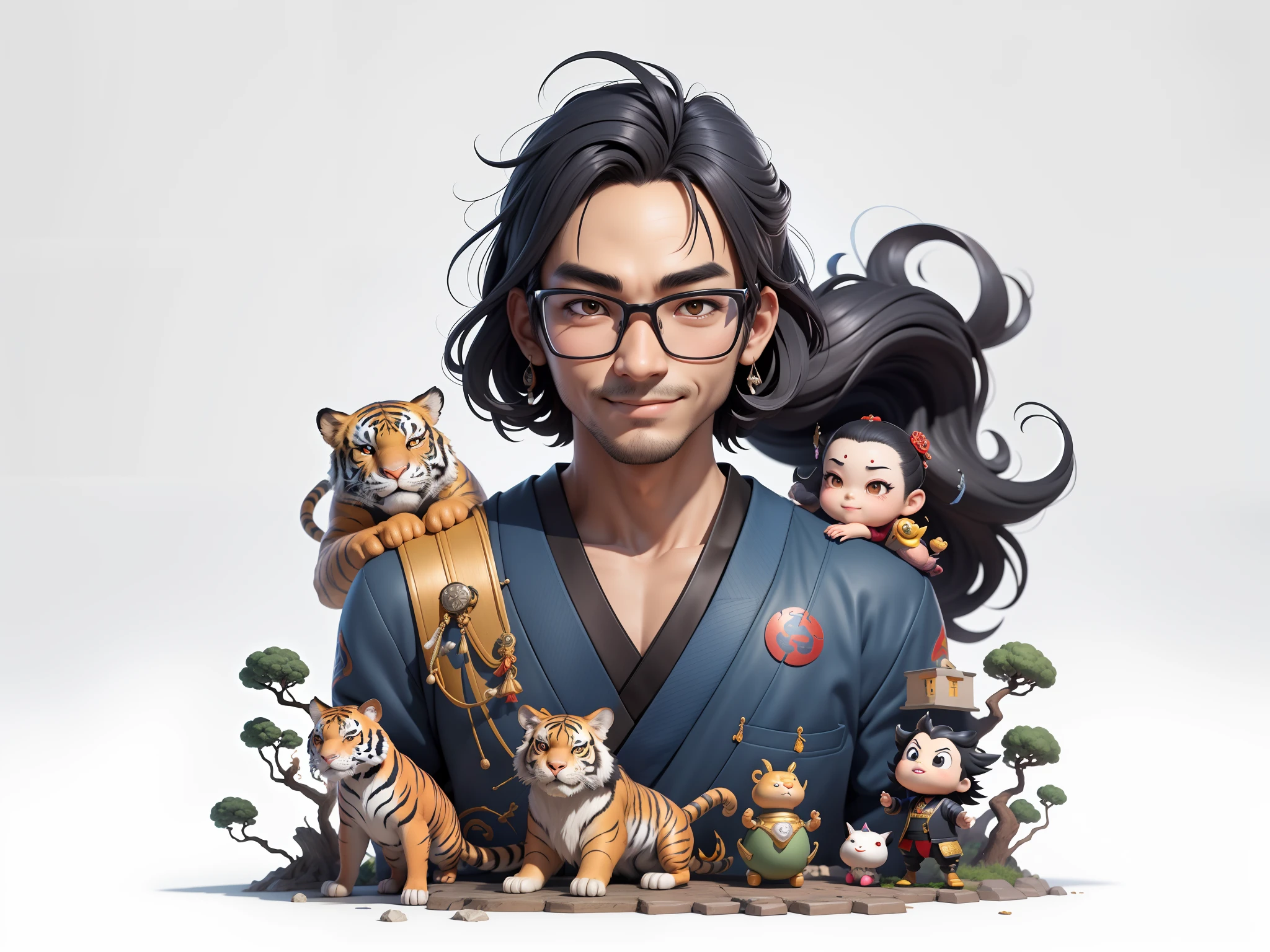 (Masterpiece), (Excellent), (Super Meticulous), (Full Body: 1.2), Super Young Man with Japanese Female Geisha, Pretty, Beautiful, Chinese Dragon, Tiger, Wind God Thor, Sexy, Bursting, Oriental Face, TV Anchor, Bust Portrait Illustration, Black Suit, Blue Tie, Slightly Chubby Face, Silver Glasses, Very Clean Face, No Beard on Chin, Black Super Short Hair, Black Eyes, Confident Smile, 3c Computer Sub-Products, iPad, iPhone, Digital Painting, 3D character design by Mark Clairedon and Pixar and Hayao Miyazaki and Akira Toriyama, the illustrations are HD illustrations in 4K resolution with highly detailed facial features and cartoon-style visuals.