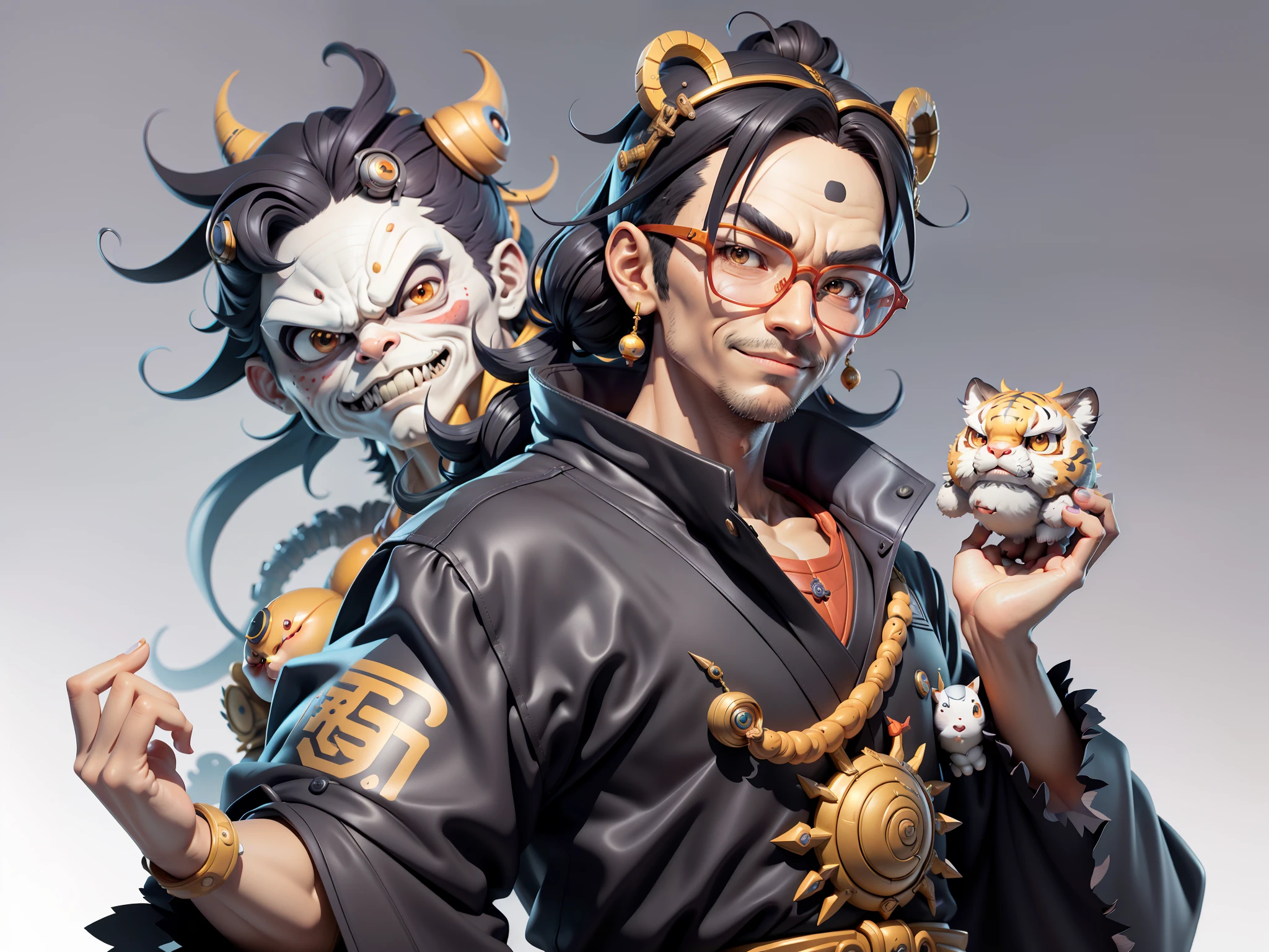 (Masterpiece), (Excellent), (Super Meticulous), (Full Body: 1.2), Super Young Man with Japanese Female Geisha, Pretty, Beautiful, Chinese Dragon, Tiger, Wind God Thor, Sexy, Bursting, Oriental Face, TV Anchor, Bust Portrait Illustration, Black Suit, Blue Tie, Slightly Chubby Face, Silver Glasses, Very Clean Face, No Beard on Chin, Black Super Short Hair, Black Eyes, Confident Smile, 3c Computer Sub-Products, iPad, iPhone, Digital Painting, 3D character design by Mark Clairedon and Pixar and Hayao Miyazaki and Akira Toriyama, the illustrations are HD illustrations in 4K resolution with highly detailed facial features and cartoon-style visuals.