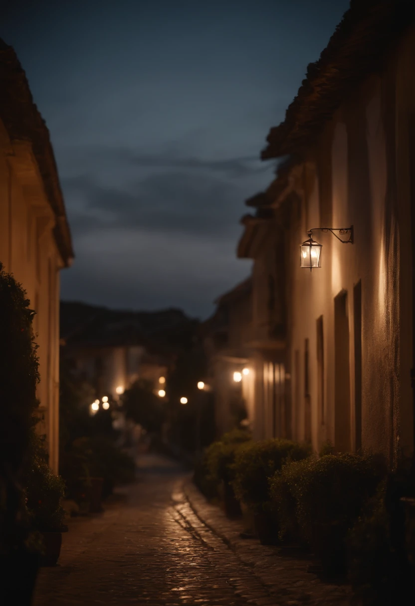 cenario a noite eu ma rua cheia de casas com postes com a luzes acesas