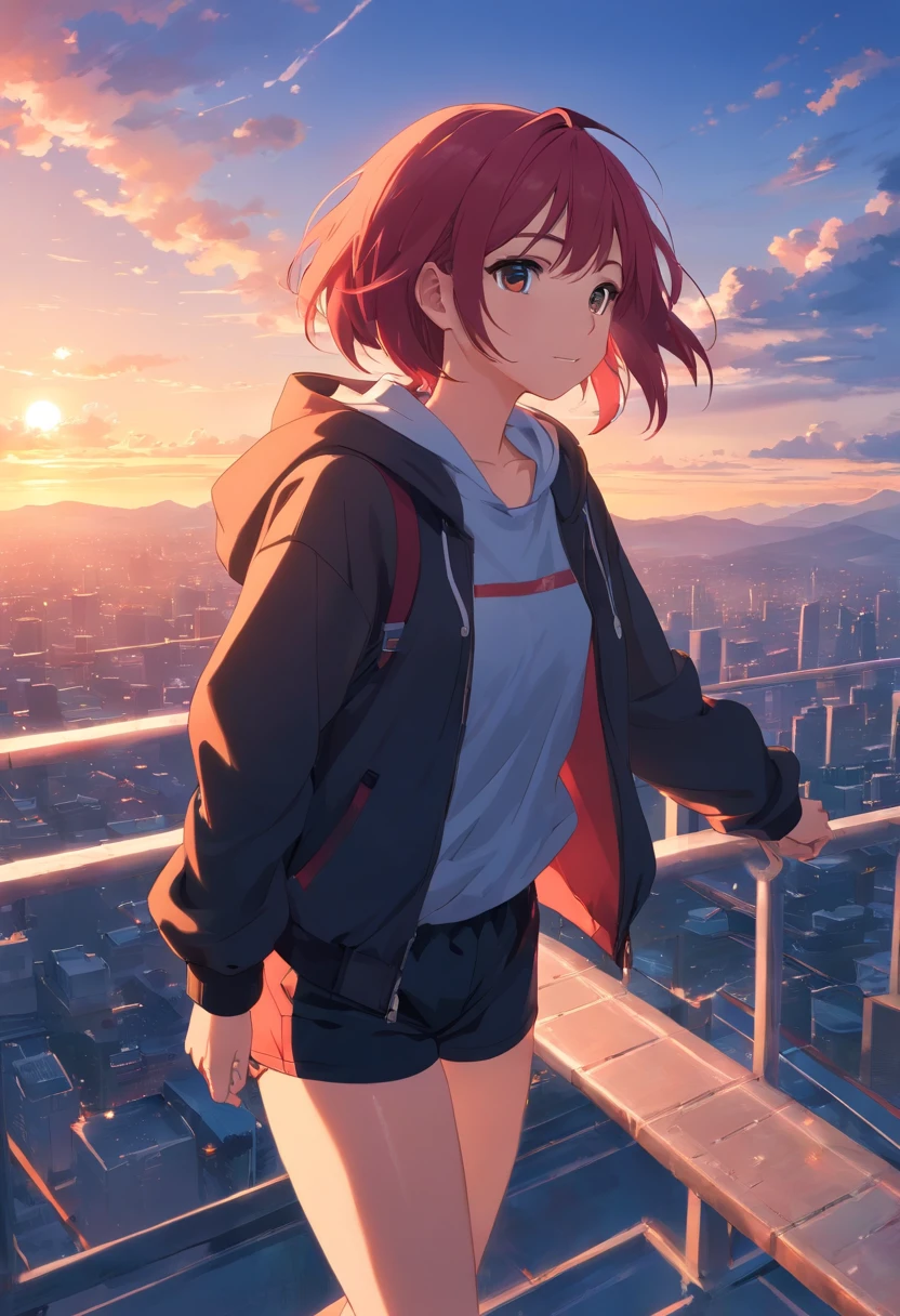 masterpiece、top-quality、Movie stills、1girl、Cloud Girl、floating in sky、a closeup、发光、happiness、Warm soft lighting、the setting sun、(Spark:0.7)(Crimson hair、Black hooded jacket、Black shirt、Black shorts、Tights Socks)
