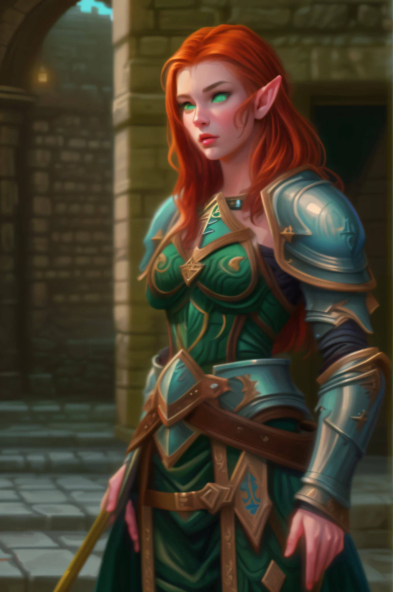 pixel art picture of a scene from Baldurs Gate, a portrait of a female elf cleric, red hair, green eyes, extremelley beautiful, ultra feminine, wearing heavy armor, GlowingRunes_paleblue from armor, ultra best realistic pictures , best details, best quality, 16k, [ultra detailed], masterpiece, best quality, (extremely detailed), ultra wide shot, photorealism, depth of field, hyper realistic painting