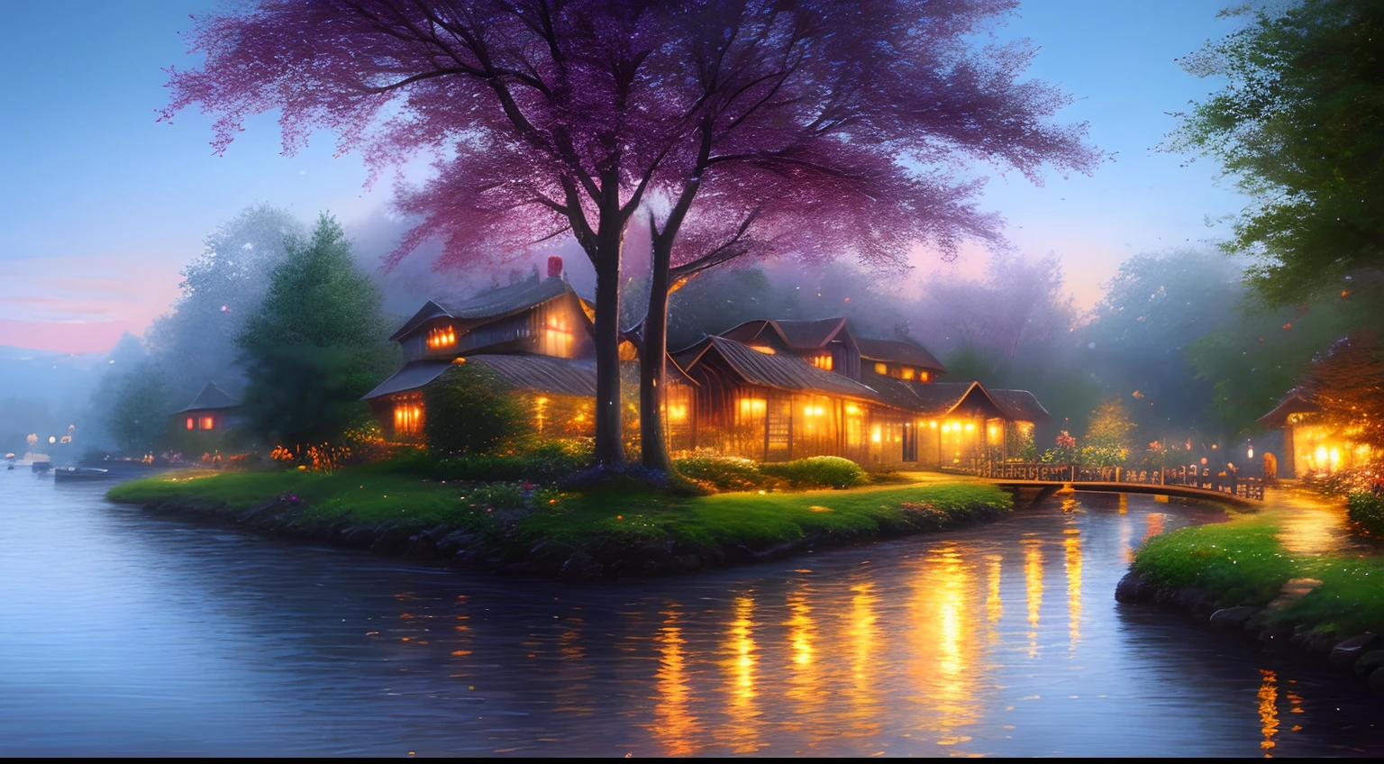 masterpiece, best quality, high quality,extremely detailed CG unity 8k wallpaper, An enchanting and dreamy scene of a river side village,boat in the water, with towering trees, glowing flowers, and hidden fairy glens, creating a sense of mystique and enchantment, artstation, digital illustration, intricate, trending, pastel colors, oil paiting, award winning photography, Bokeh, Depth of Field, HDR, bloom, Chromatic Aberration ,Photorealistic,extremely detailed, trending on artstation, trending on CGsociety, Intricate, High Detail, dramatic, art by Tomas Kinkade.