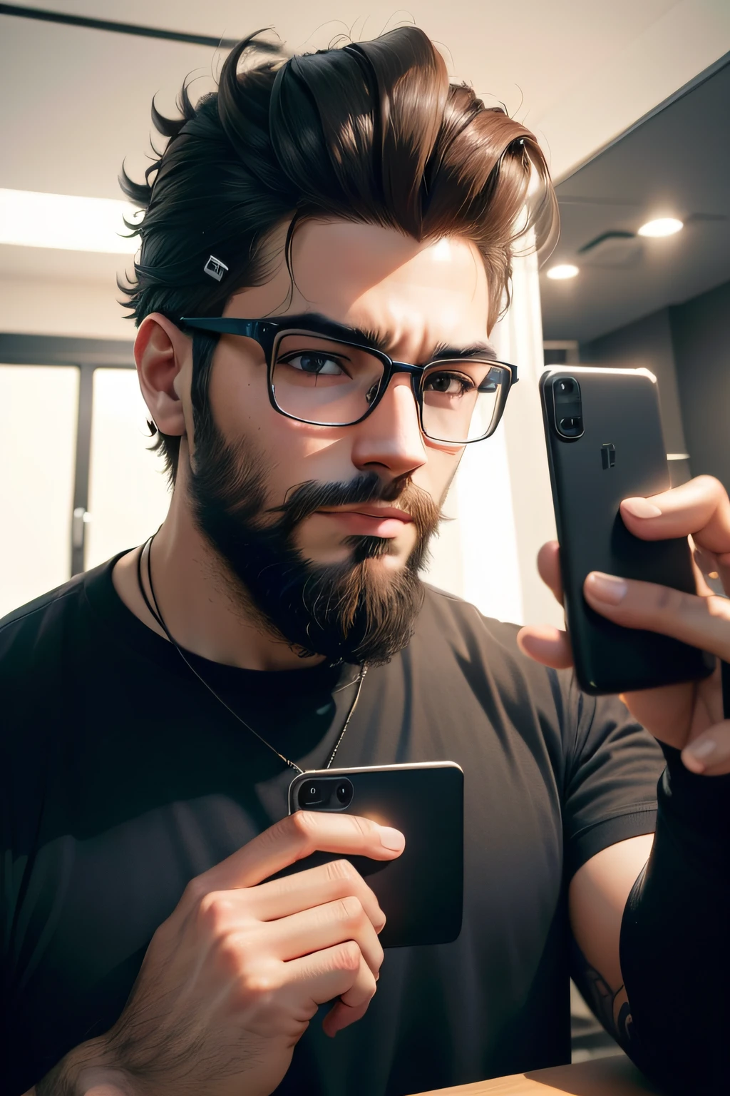 realista, homem jovem, cabelos curtos, with a beard and wearing glasses. olhando para o celular, in front of your robotic reflection on the phone itself.
