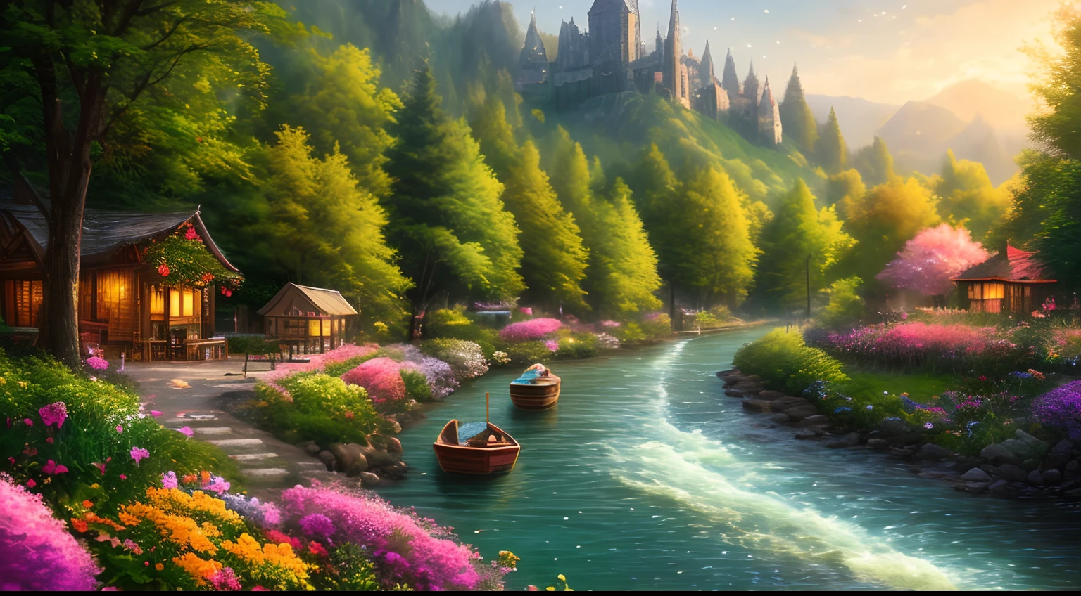 masterpiece, best quality, high quality,extremely detailed CG unity 8k wallpaper, An enchanting and dreamy scene of a river side village,boat in the water, with towering trees, glowing flowers, and hidden fairy glens, creating a sense of mystique and enchantment, artstation, digital illustration, intricate, trending, pastel colors, oil paiting, award winning photography, Bokeh, Depth of Field, HDR, bloom, Chromatic Aberration ,Photorealistic,extremely detailed, trending on artstation, trending on CGsociety, Intricate, High Detail, dramatic, art by Tomas Kinkade.