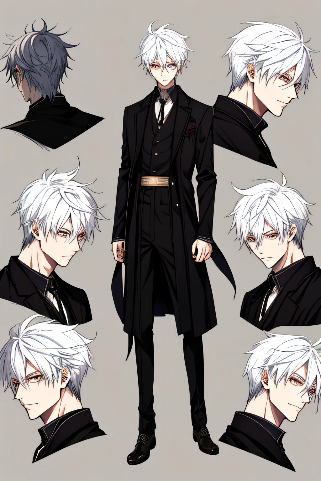Male shinigami, anime, model design sheet, multiple views of the same character, white hair, gold eyes