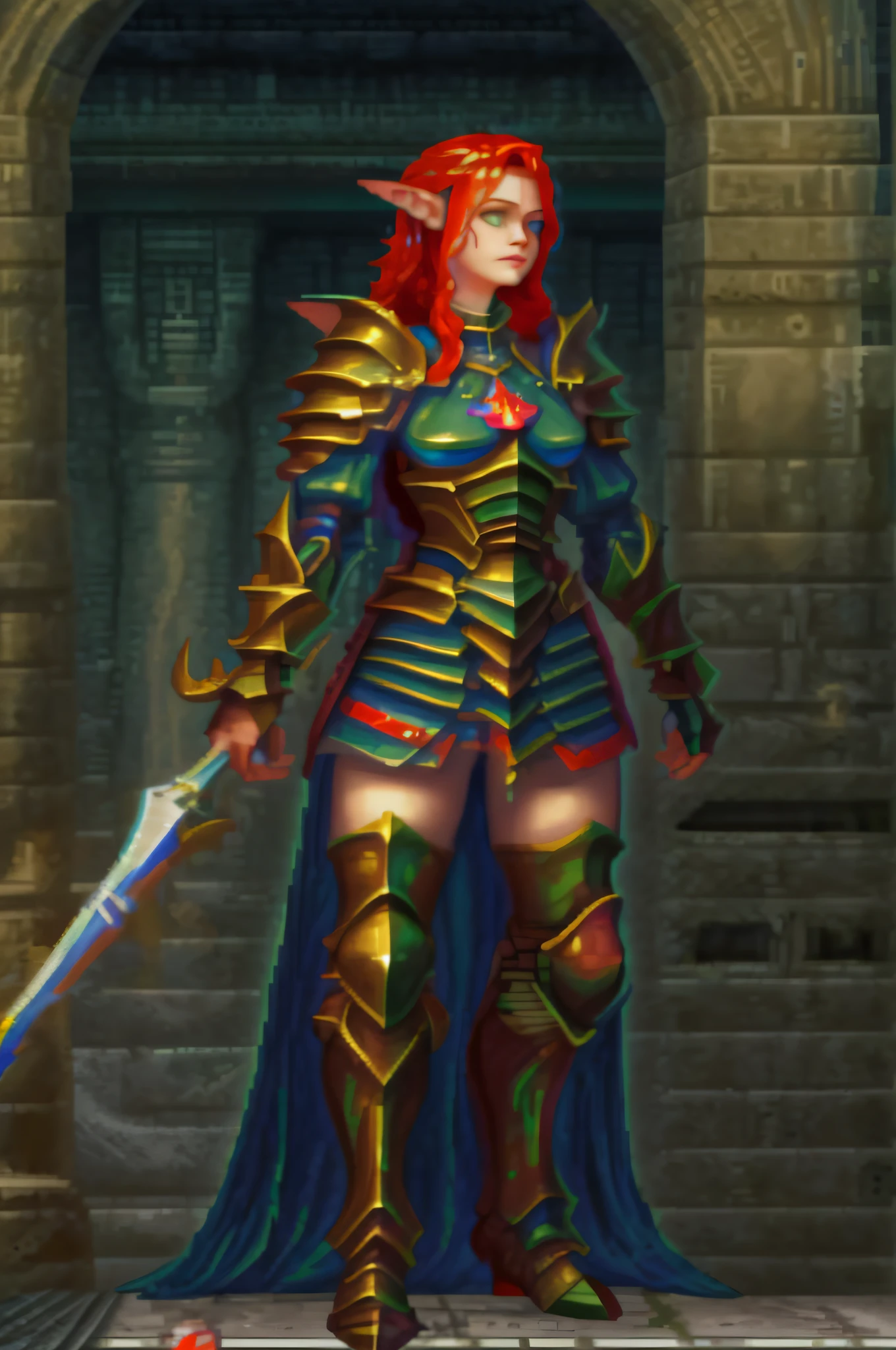 pixel art, (pixel:1.1) picture of a scene from Baldurs Gate, a portrait of a female elf cleric, red hair, green eyes, extremelley beautiful, ultra feminine, wearing heavy armor, GlowingRunes_paleblue from armor, ultra best realistic pictures , best details, best quality, 16k, [ultra detailed], masterpiece, best quality, (extremely detailed), ultra wide shot, photorealism, depth of field, hyper realistic painting