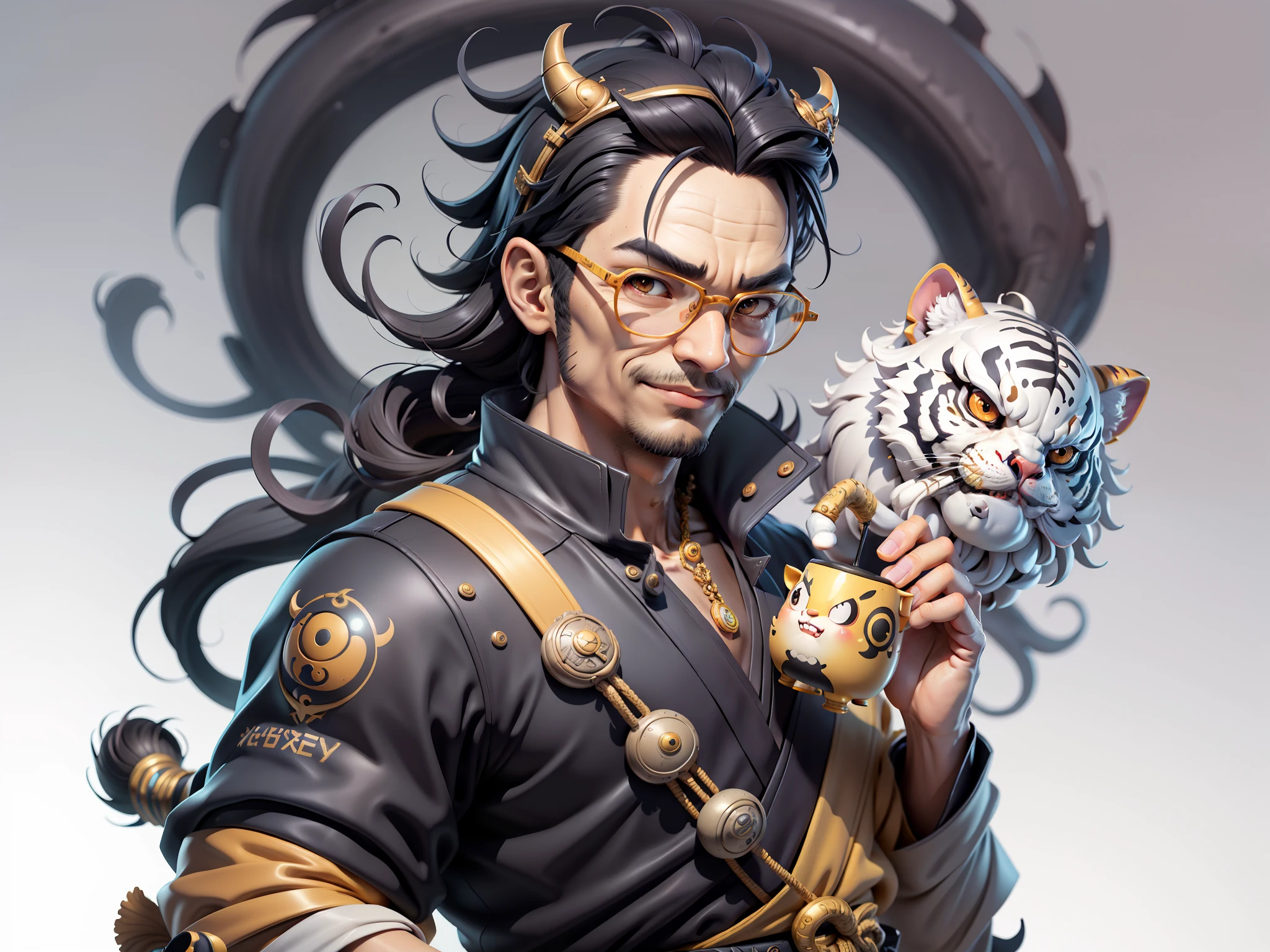 (Masterpiece), (Excellent), (Super Meticulous), (Full Body: 1.2), Super Young Man with Japanese Female Geisha, Pretty, Beautiful, Chinese Dragon, Tiger, Wind God Thor, Sexy, Bursting, Oriental Face, TV Anchor, Bust Portrait Illustration, Black Suit, Blue Tie, Slightly Chubby Face, Silver Glasses, Very Clean Face, No Beard on Chin, Black Super Short Hair, Black Eyes, Confident Smile, 3c Computer Sub-Products, iPad, iPhone, Digital Painting, 3D character design by Mark Clairedon and Pixar and Hayao Miyazaki and Akira Toriyama, the illustrations are HD illustrations in 4K resolution with highly detailed facial features and cartoon-style visuals.