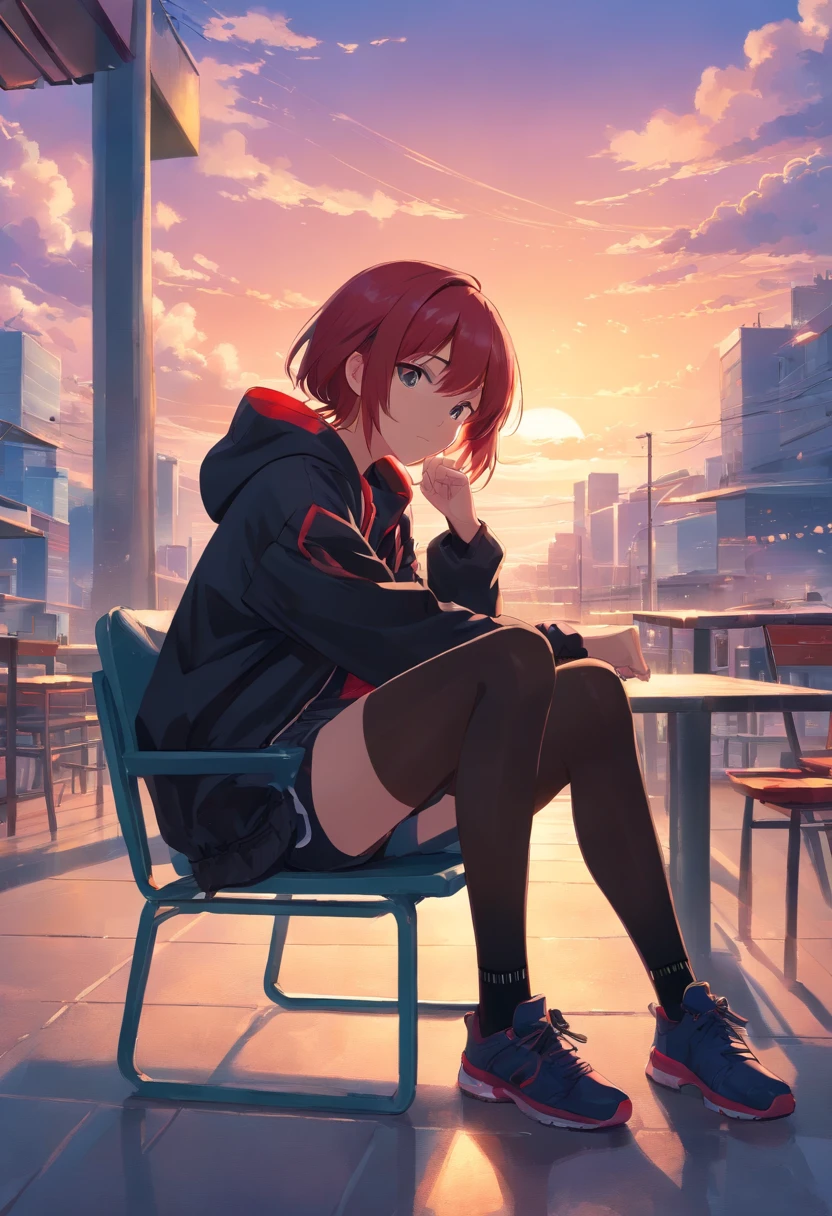 masterpiece、top-quality、Movie stills、1girl、Cloud Girl、floating in sky、a closeup、发光、happiness、Warm soft lighting、the setting sun、(Spark:0.7)(Crimson hair、Black hooded jacket、Black shirt、Black shorts、Tights Socks)((arms back))((impotence))((sit a chair))