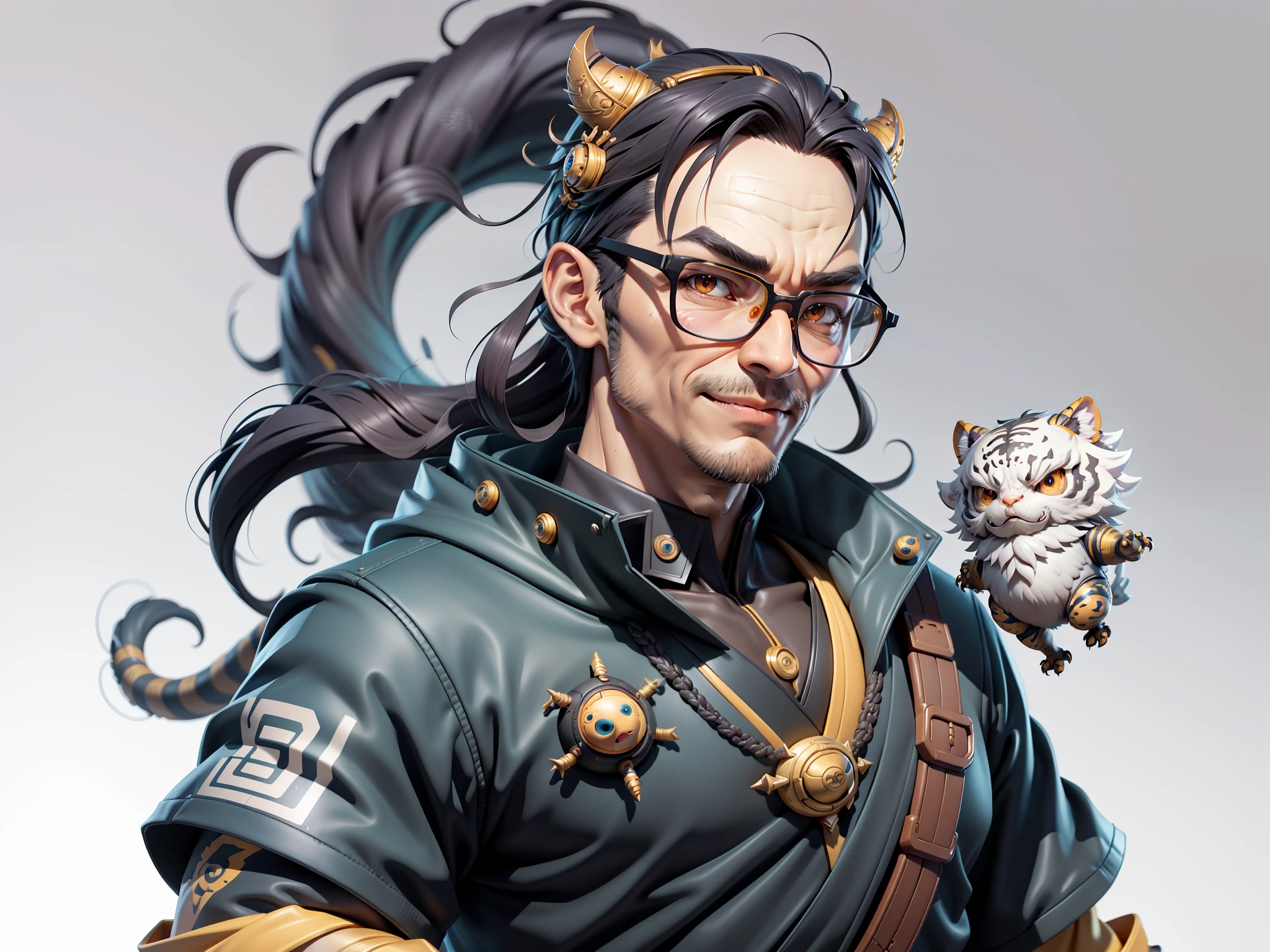 (Masterpiece), (Excellent), (Super Meticulous), (Full Body: 1.2), Super Young Man with Japanese Female Geisha, Pretty, Beautiful, Chinese Dragon, Tiger, Wind God Thor, Sexy, Bursting, Oriental Face, TV Anchor, Bust Portrait Illustration, Black Suit, Blue Tie, Slightly Chubby Face, Silver Glasses, Very Clean Face, No Beard on Chin, Black Super Short Hair, Black Eyes, Confident Smile, 3c Computer Sub-Products, iPad, iPhone, Digital Painting, 3D character design by Mark Clairedon and Pixar and Hayao Miyazaki and Akira Toriyama, the illustrations are HD illustrations in 4K resolution with highly detailed facial features and cartoon-style visuals.