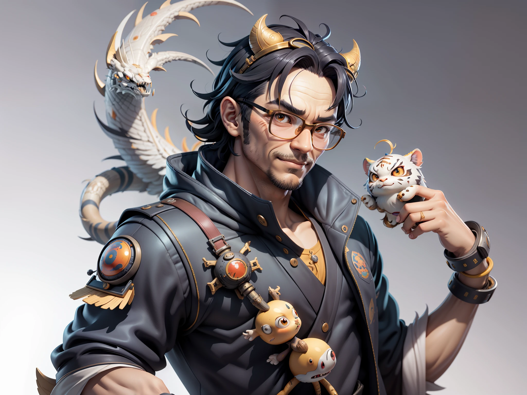 (Masterpiece), (Excellent), (Super Meticulous), (Full Body: 1.2), Super Young Man with Japanese Female Geisha, Pretty, Beautiful, Chinese Dragon, Tiger, Wind God Thor, Sexy, Bursting, Oriental Face, TV Anchor, Bust Portrait Illustration, Black Suit, Blue Tie, Slightly Chubby Face, Silver Glasses, Very Clean Face, No Beard on Chin, Black Super Short Hair, Black Eyes, Confident Smile, 3c Computer Sub-Products, iPad, iPhone, Digital Painting, 3D character design by Mark Clairedon and Pixar and Hayao Miyazaki and Akira Toriyama, the illustrations are HD illustrations in 4K resolution with highly detailed facial features and cartoon-style visuals.