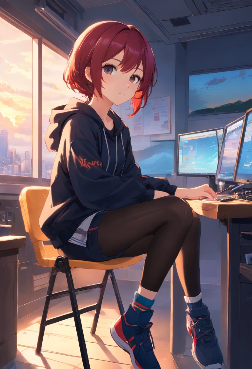 ((full restraint))masterpiece、top-quality、Movie stills、1girl、Cloud Girl、floating in sky、a closeup、发光、happiness、Warm soft lighting、the setting sun、(Spark:0.7)(Crimson hair、Black hooded jacket、Black shirt、Black shorts、Tights Socks)((arms back))((impotence))((sit a chair))