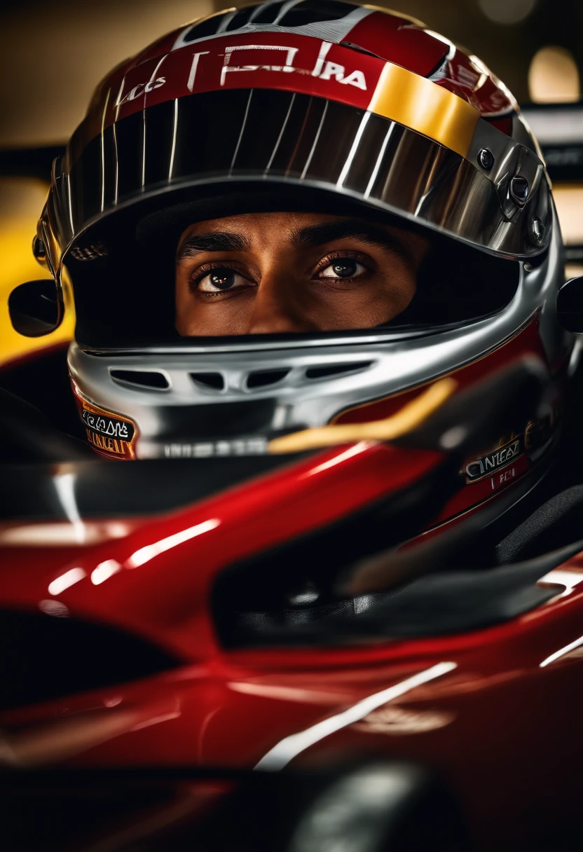 (best quality,4k,8k,highres,masterpiece:1.2),ultra-detailed,(realistic,photorealistic,photo-realistic:1.37),Lewis Hamilton portrait,striking composition,movement and dynamism,expressive eyes,fierce determination,extraordinary talent,athletic physique,stylish outfit,colourful background,powerful presence,facial hair detail,dynamic lighting,captivating smile,expertly captured emotions,action-packed scene,luxurious car in the background,Formula 1 racing theme,professional photography,pulsating energy,stellar performance,victory celebration,autograph signing,breathtaking speed,technical expertise,glamorous atmosphere,celebrity status,thrilling race track,adrenaline rush,roaring crowd,fame and glory,immense popularity,international recognition,excitement and intensity,racing helmet with intricate details,vivid colors,bokeh.