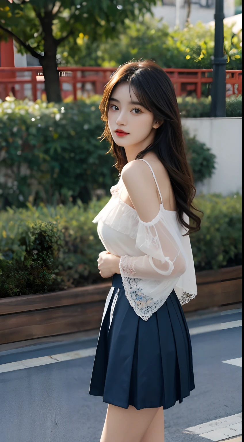 A perfect young female white-collar worker,Chinese big breasts,High picture quality,Works of masters,Black hair,Long hair shawl,Long hair flowing over the shoulders,Beach wave hairstyle,cropped shoulders,鎖骨,exquisite face,Hydrated red lips,((Wear colorful and stylish summer sailor suits))(red colour,blue colors,green color,Violet-orange,In pink,amarelo,Printed clothing),Kurfo,,Colorful pleated skirt,white stockings,Magic starry sky dress,Lace skirt,Puff sleeve skirt,Tassel elements,Lace paneled elements,Openwork elements,Texture element,Real Human,CG rendering,16k,Stand up,Suzhou Garden,On the bridge,Do not show your hands,Close-up shot