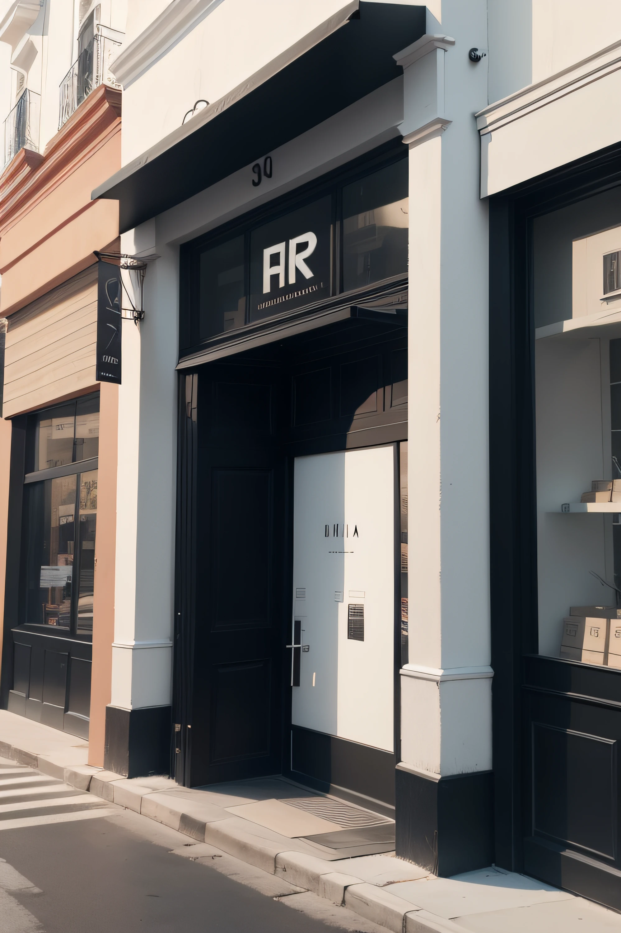 fachada de una tienda de ropa a la calle, con el exterior pintado todo en negro y aberturas minimalistas muy elegantes, full hd hiperrealista 8k