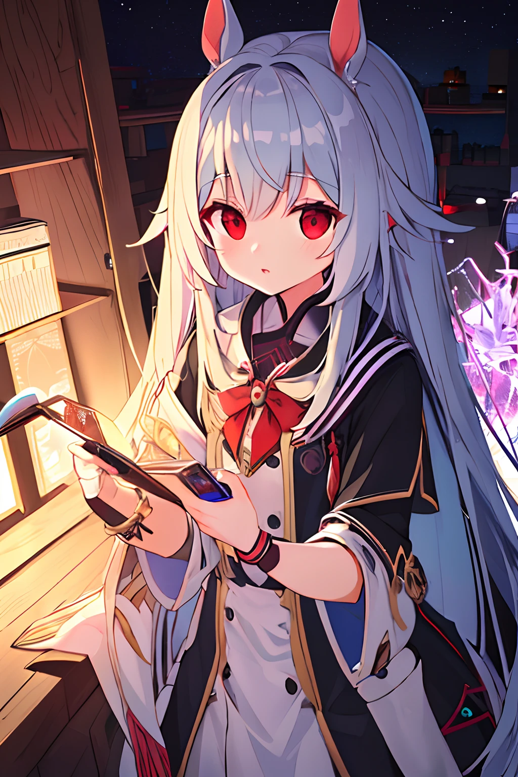 Kizi,High- sharpness,full bodyesbian,Genius girl,whaite hair,dual horsetail,long whitr hair,Red eyes,sense of science and technology,Look at me,