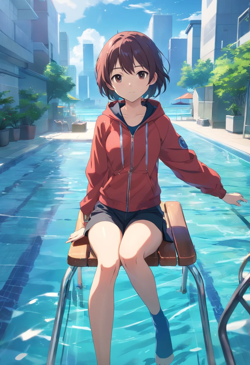 ​masterpiece、top-quality、Movie stills、1girl、Cloud Girl、floating in sky、a closeup、发光、happiness、Warm soft lighting、the setting sun、(Spark:0.7)(Crimson hair、Black hooded jacket、Black shirt、Black shorts、Tights Socks)((arms back))((impotence))((sit a chair))

Wearing a costume like a small string with a high transparency area、Stretching your legs and sinking into the water、(swimming pools:1.1)