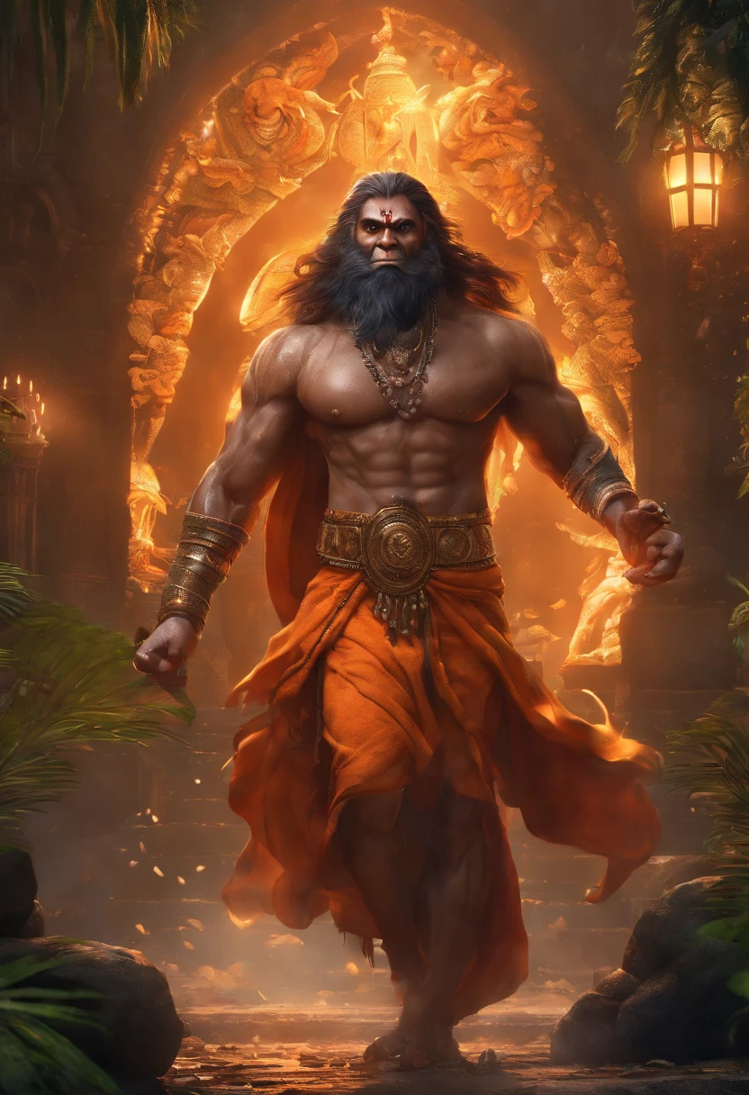 a 35 years old man who has a face of a monkey, has a long tail as a monkey, proper eyes, An Indian god, Lord Hanuman, face of a monkey , moderate stature, has a big tail, Fire on the background, strongly built, broad-chested, narrow-waisted, and long-armed, big golden sword in his hand, in a dark forest (Professional 3D rendering:1.3) by (Realistic:1.3) World's most beautiful art picture, Features soft, dark complexation male heroes , hindu god, indian god, ((Epic hindu god , lord Hanuman, fantasy rough muscular man wet hero angry look long hair long slightly white beard and fierce expression in dynamic pose, wearing a orange robe, inside a jungle, burning lights in the background, majestic environment)), full body 8k unit render, action shot, skin pores, very dark lighting, heavy shading, detailed, Detailed face, (vibrant, photorealistic, Realistic , Dramatic, Dark, sharp focus, 8k), (orange cloths with heavy jewelry r:1.4), (intricate:1.4), decayed, (highly detailed:1.4), painting digital, rendering by octane, art stations, Concept-Art, smooth, sharp focus, illustration, germ of art, (Loish:0.23), Wlop Ilya Kuvshinov, and Greg Rutkowski and Alphonse Mucha Gracias, (global illumination, studiolight, Light Volumetric ), heavy rain, floating particles, scoundrel, fantasy, Eleven, full bodyesbian, ((Dark old city background:1.3)),CGSesociedade,art stations