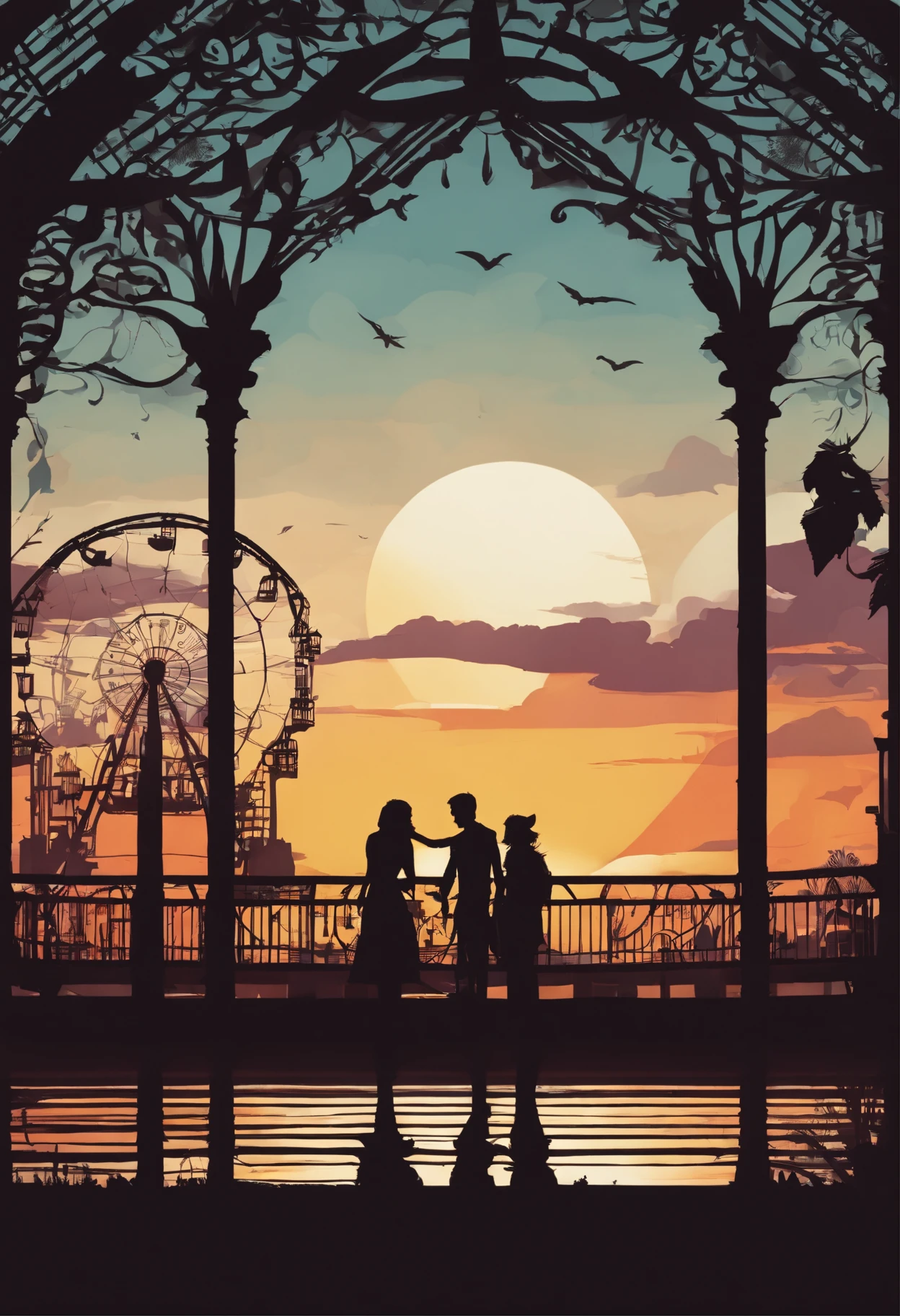 A man and his girlfriend in an abandoned amusement park, sun sunset, You only see silhouettes of the man and the woman, colorful,(masterpiece, best quality, high quality, highres, ultra-detailed),