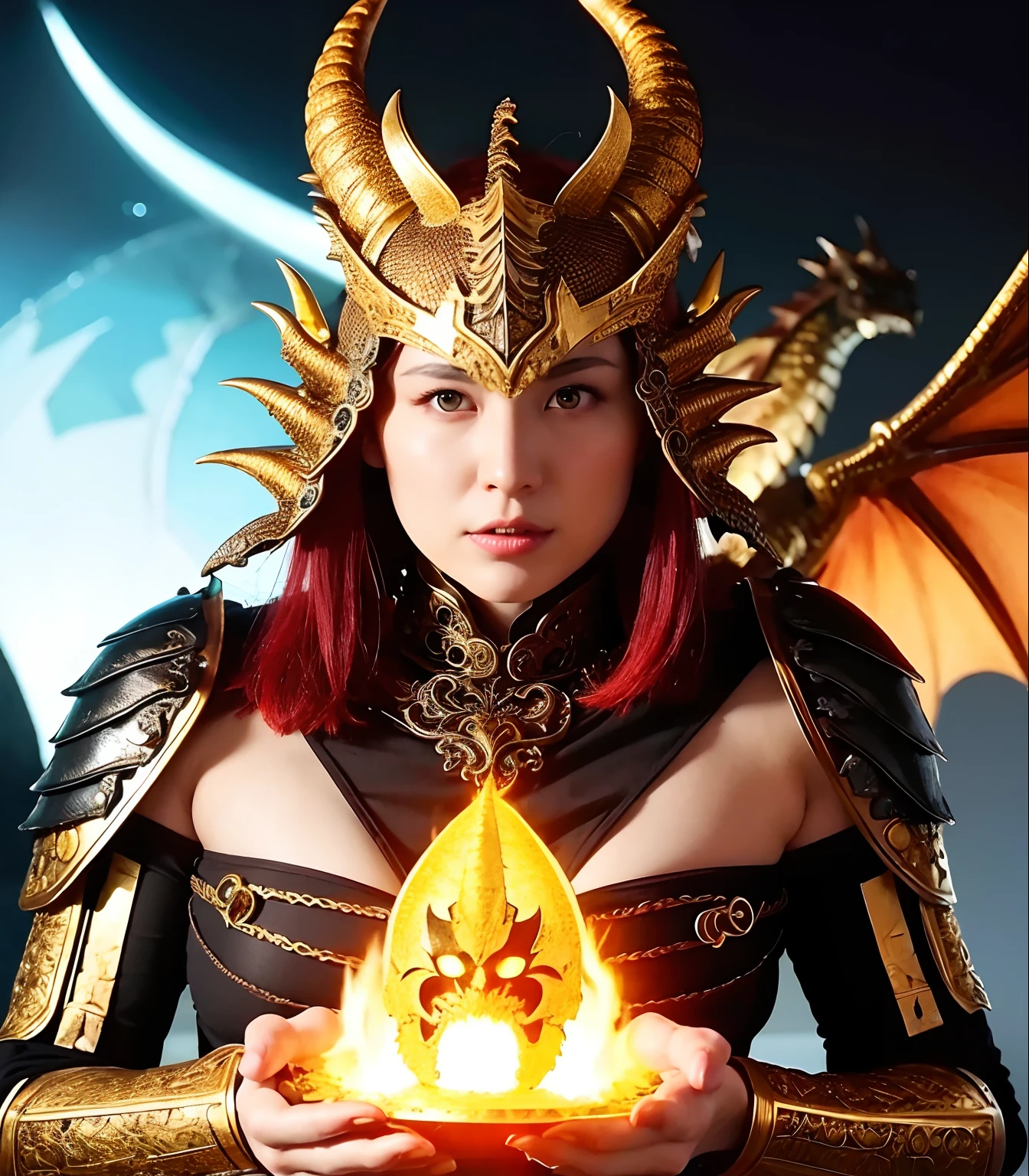 Professional , masterpiece、top-quality、photos realistic , depth of fields 、(Fight the Dragon Knight with the Dragon Mask),(Dragon Black Metal Body:1.4),(Matte Black、、Light Effects、(cleavage of the breast)、(Fight dragons)、(Seductive look)、Dragon Gold Weapon、Mystical expression、(bikini-armor),Gorgeous gold weapons ,(( Dragon's dense and gorgeous sword)) , Beautiful knife ,warhammer 40k , adepta sororitas,Detail and gorgeous crown、((Golden hair))、(Castle background)、The dragon、((Gangle's forest background))、Beautiful Caucasian beauty、(1a person)、dynamic ungle,(((Detailed and ornate dragon helmet)))、Smaller head、Castle background、Thin and beautiful female hands、cleavage of the breast、Soldier in iron armor on background、Mystical expression、Light Effects、intense fighting、Wind-effect、magic circles、With the legendary magic wand、(demonic wings)、Toostock、