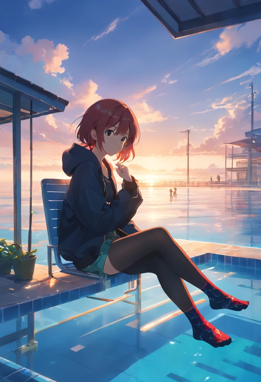 ​masterpiece、top-quality、Movie stills、1girl、Cloud Girl、floating in sky、a closeup、发光、happiness、Warm soft lighting、the setting sun、(Spark:0.7)(Crimson hair、Black hooded jacket、Black shirt、Black shorts、Tights Socks)((arms back))((impotence))((sit a chair)) Wearing a costume like a small string with a high transparency area、The whole body is submerged in water、(swimming pools:1.1)