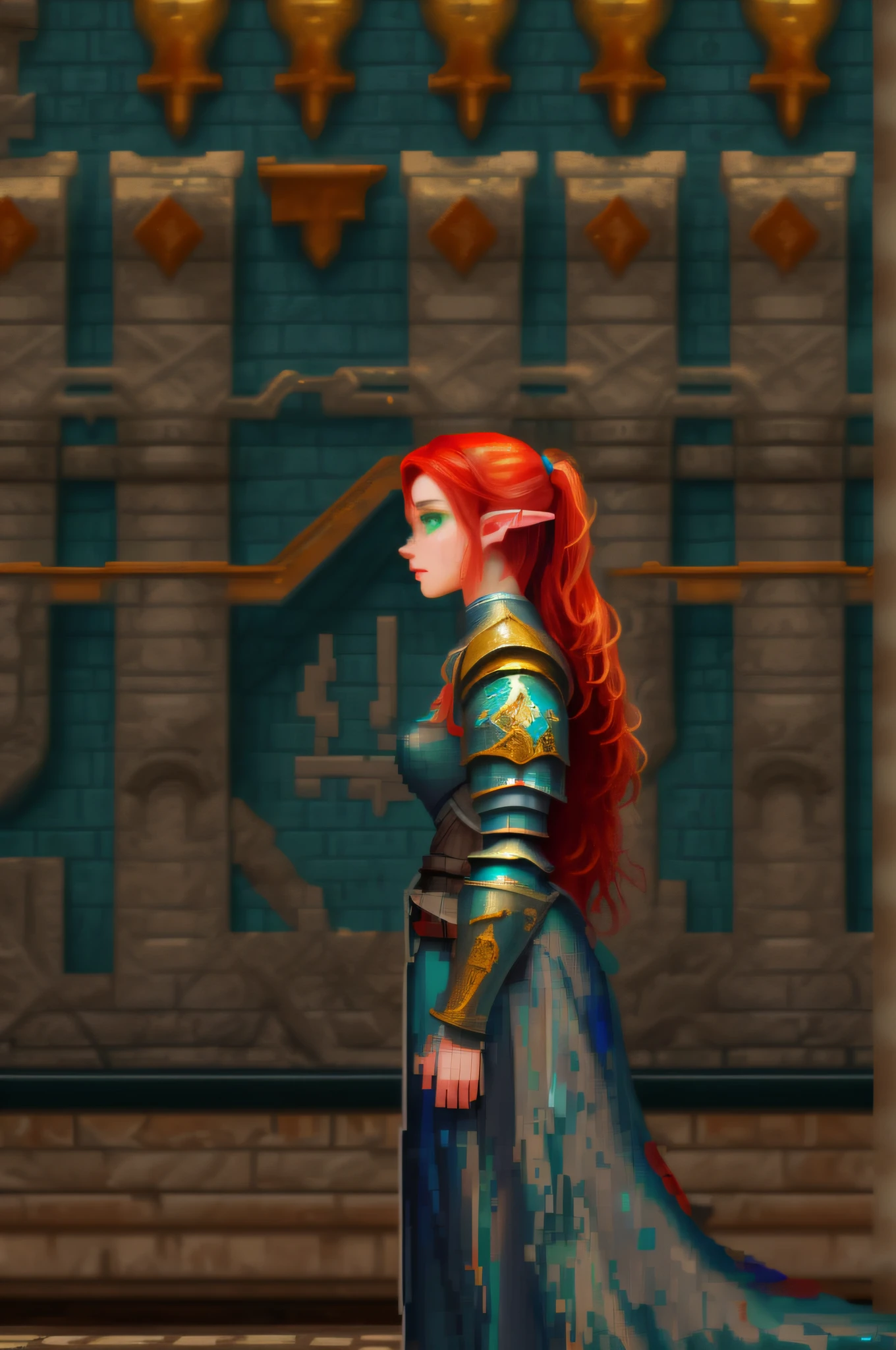 pixel art, (pixel:1.1) picture of a scene from Baldurs Gate, a portrait of a female elf cleric, red hair, green eyes, extremelley beautiful, ultra feminine, wearing heavy armor, GlowingRunes_paleblue from armor, ultra best realistic pictures , best details, best quality, 16k, [ultra detailed], masterpiece, best quality, (extremely detailed), ultra wide shot, photorealism, depth of field, hyper realistic painting