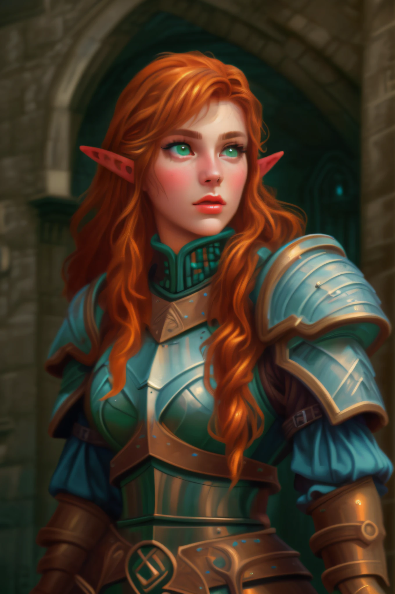 pixel art, (pixel:1.1) picture of a scene from Baldurs Gate, a portrait of a female elf cleric, red hair, green eyes, extremelley beautiful, ultra feminine, wearing heavy armor, GlowingRunes_paleblue from armor, ultra best realistic pictures , best details, best quality, 16k, [ultra detailed], masterpiece, best quality, (extremely detailed), ultra wide shot, photorealism, depth of field, hyper realistic painting