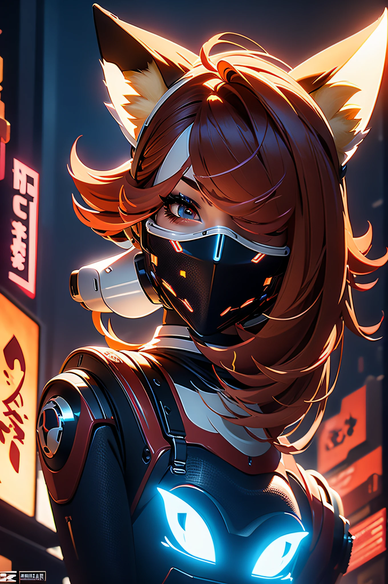 full body, cowboy shot, Masterpiece:1.2, high quality, best quality, high resolution, detailed, hyper realistic, 1girl, medium brown hair, blue eyes, head tilt, sunset, birds flying, cherry blossom, closed eyes, smile, showing teeth, (detailed face), ((sharp focus)), (full body shot), neon signs, ancient ruins, robot (robot fox face mask), (fishnet), (blue AND red flame), robotic fox tail