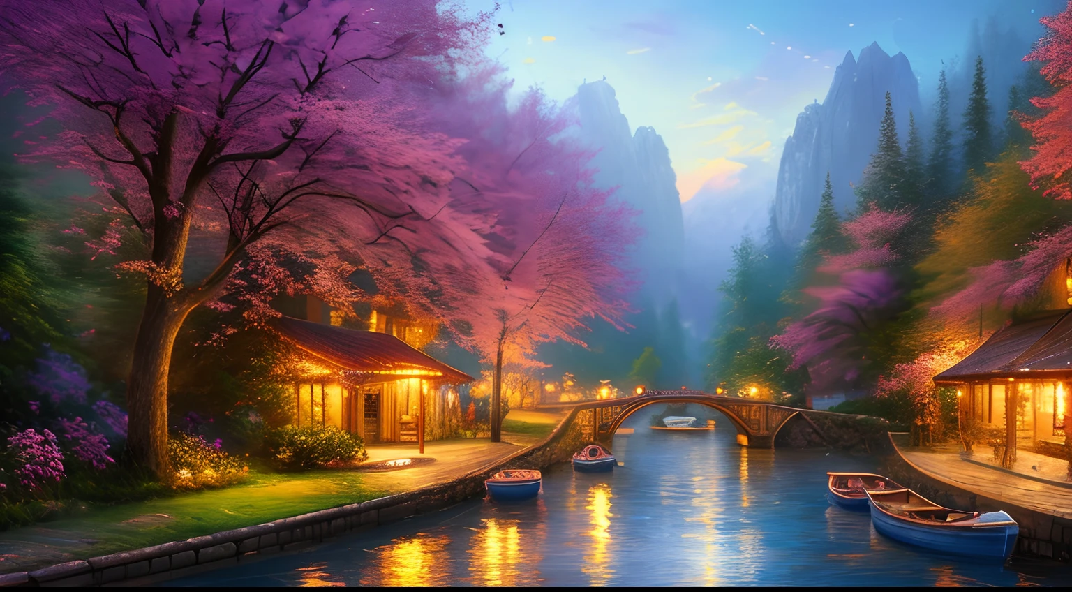 masterpiece, best quality, high quality,extremely detailed CG unity 8k wallpaper, An enchanting and dreamy scene of a river side village,boat in the water, with towering trees, glowing flowers, and hidden fairy glens, creating a sense of mystique and enchantment, artstation, digital illustration, intricate, trending, pastel colors, oil paiting, award winning photography, Bokeh, Depth of Field, HDR, bloom, Chromatic Aberration ,Photorealistic,extremely detailed, trending on artstation, trending on CGsociety, Intricate, High Detail, dramatic, art by Tomas Kinkade.