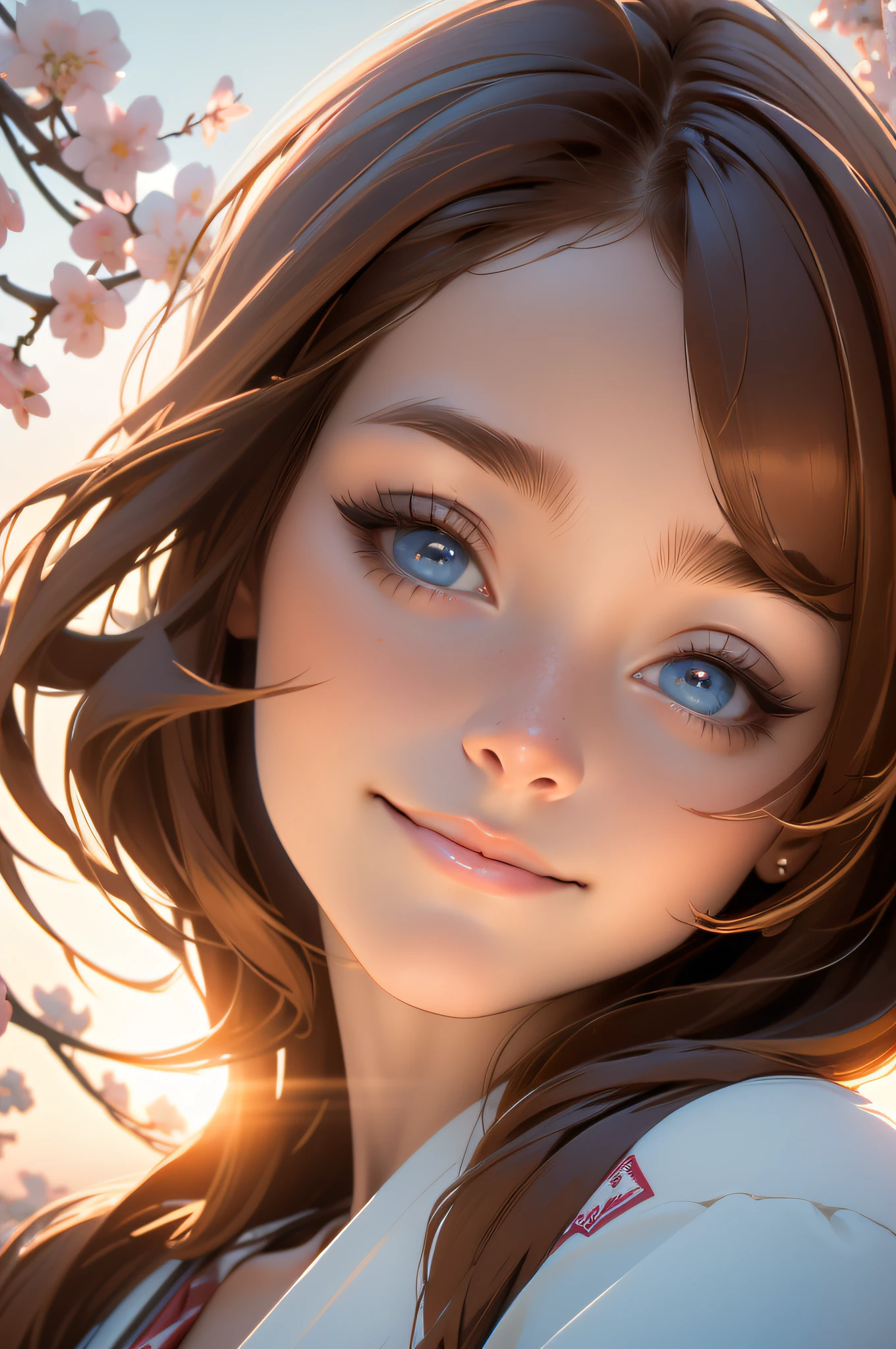 Masterpiece:1.2, high quality, best quality, high resolution, detailed, hyper realistic, 1girl, medium brown hair, blue eyes, head tilt, sunset, birds flying, cherry blossom, Portrait, closed eyes, smile, showing teeth, (detailed face), ((sharp focus)), ((face)), upper_body