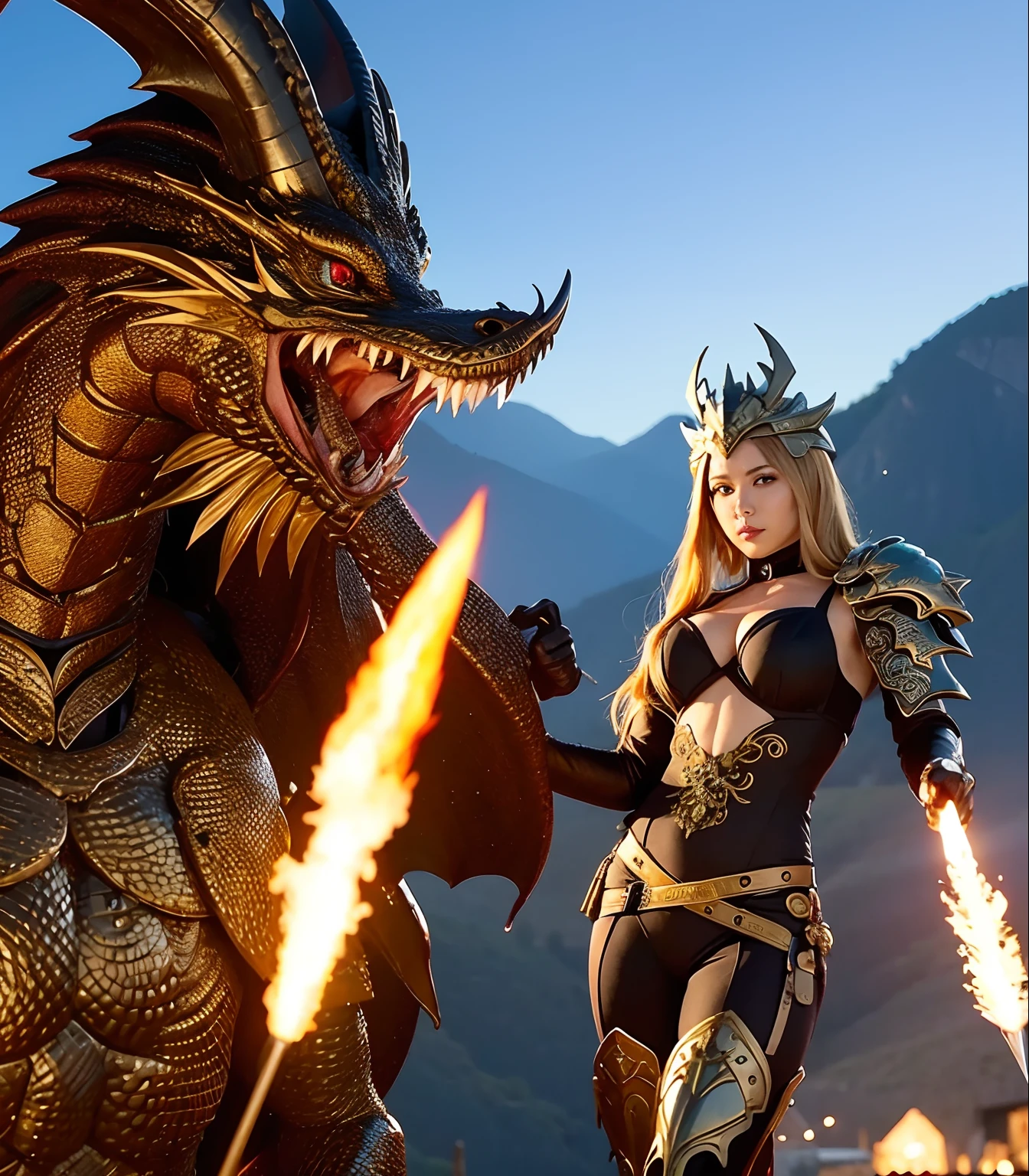 Professional , masterpiece、top-quality、photos realistic , depth of fields 、(Fight the Dragon Knight with the Dragon Mask),(Dragon Black Metal Body:1.4),(Matte Black、、Light Effects、(cleavage of the breast)、(Fight dragons)、(Seductive look)、Dragon Gold Weapon、Mystical expression、(bikini-armor),Gorgeous gold weapons ,(( Dragon's dense and gorgeous sword)) , Beautiful knife ,warhammer 40k , adepta sororitas,Detail and gorgeous crown、((Golden hair))、(Castle background)、The dragon、((Gangle's forest background))、Beautiful Caucasian beauty、(1a person)、dynamic ungle,(((Detailed and ornate dragon helmet)))、Smaller head、Castle background、Thin and beautiful female hands、cleavage of the breast、Soldier in iron armor on background、Mystical expression、Light Effects、intense fighting、Wind-effect、magic circles、With the legendary magic wand、(demonic wings)、Toostock、