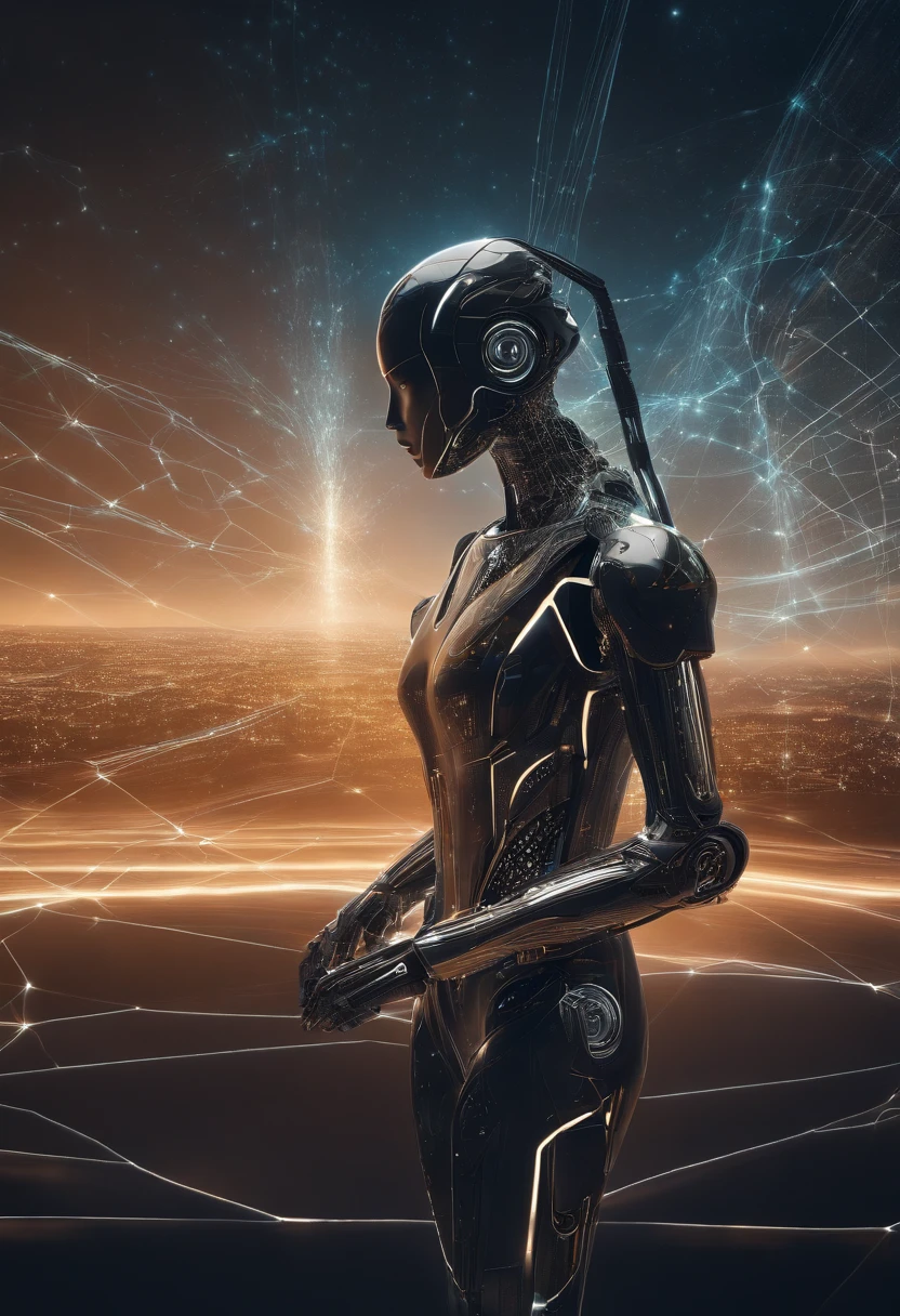 An image of a futuristic digital landscape, with code threads flowing in the background. No centro da imagem, features a visual representation of a highly sophisticated robot, com circuitos detalhados e efeitos de luz pulsantes. Ao redor dela, illustrations of Facebook social media posts that are being automatically created and disseminated. Smooth transition effects connect AI to ad creation. The image conveys a sense of advanced technology and efficiency
