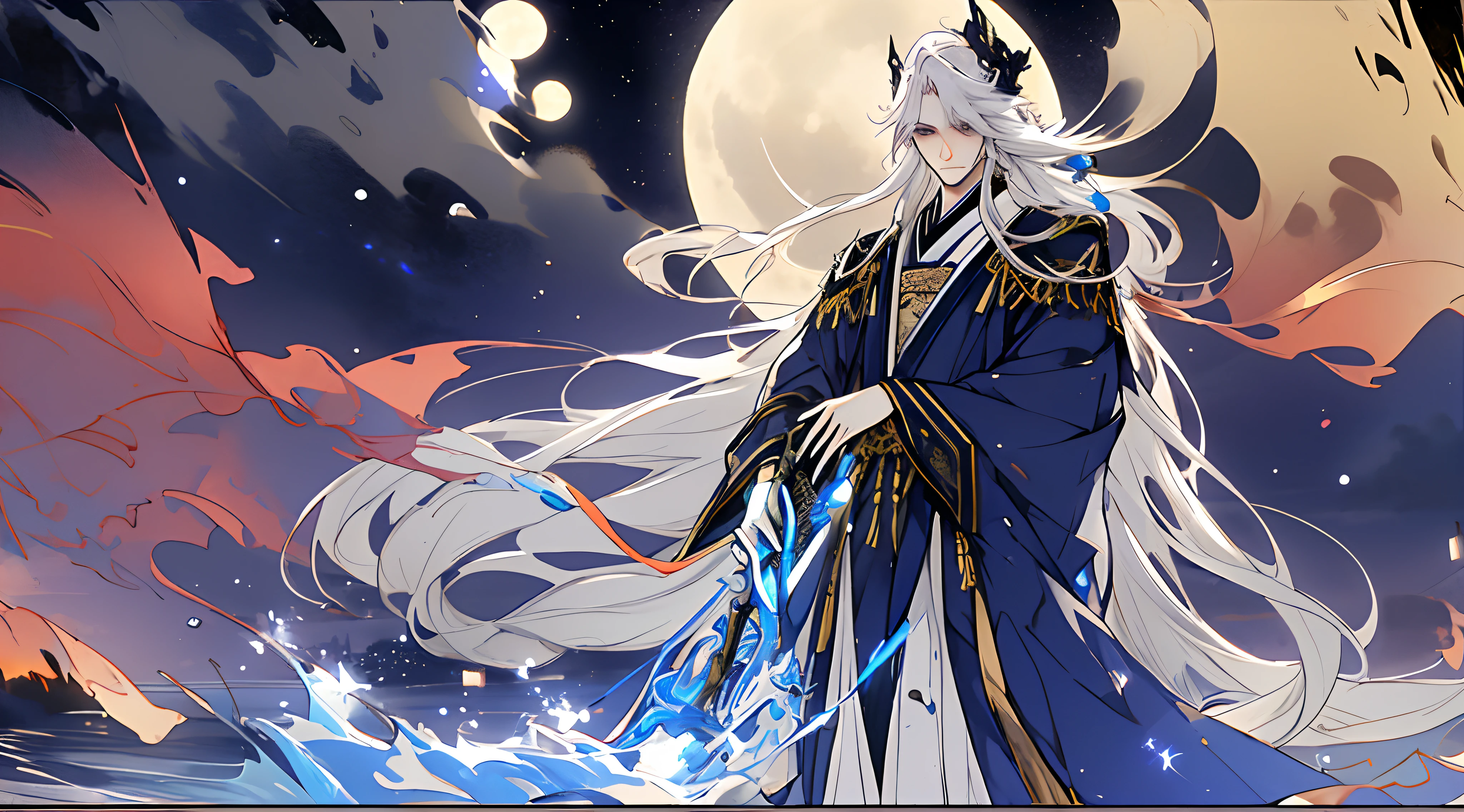 The male,Male,White Hanfu,long white hair,Long flowing hair,Wide robe with large sleeves,Ancient wind,Solid color clothes,The clothes do not have any patterns,laughingly,softlighting,water ink,Behind it is the full moon,low-saturation,low-contrast,led floodlights