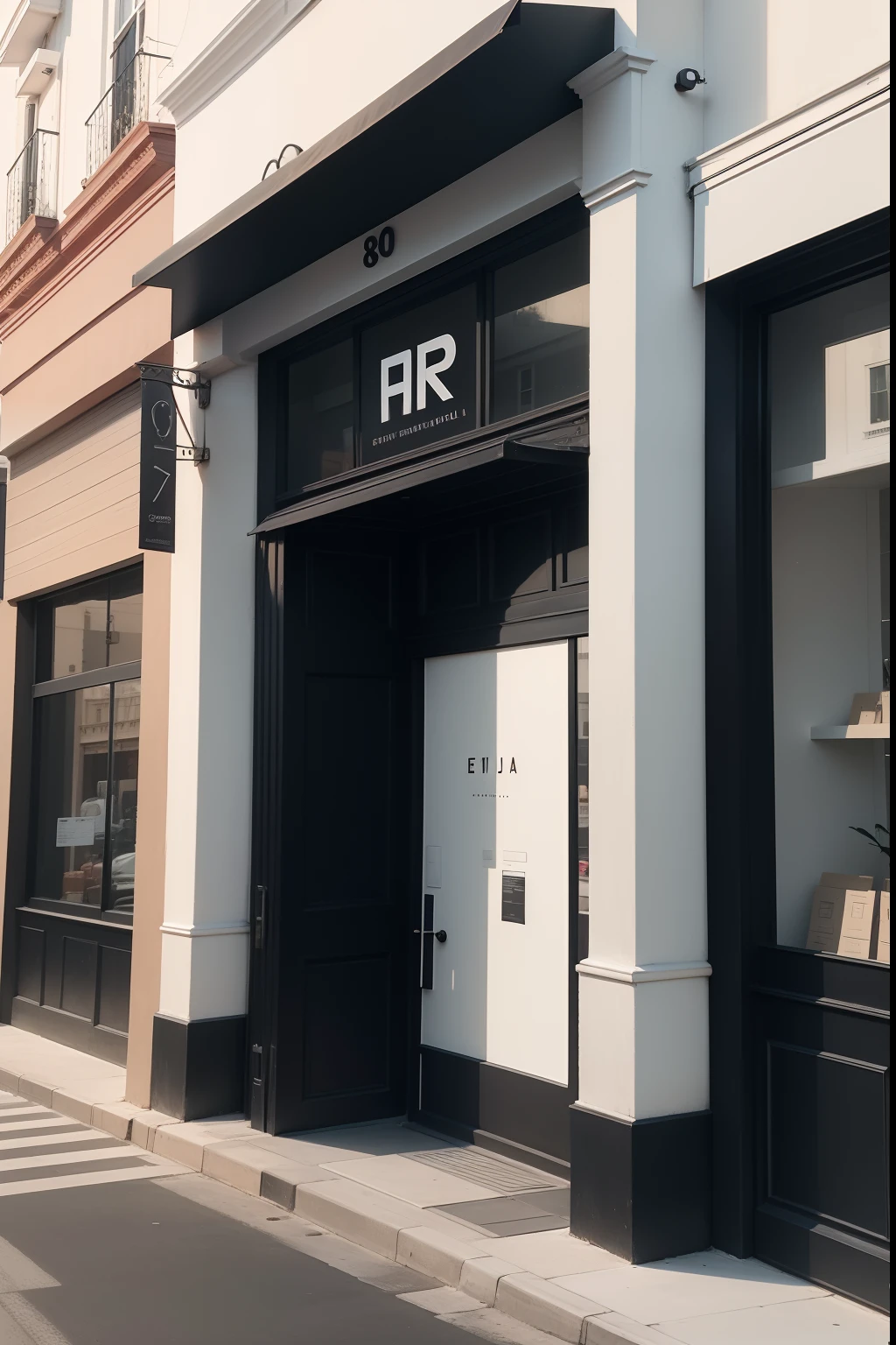 fachada de una tienda de ropa a la calle, con el exterior pintado todo en negro y aberturas minimalistas muy elegantes, full hd hiperrealista 8k
