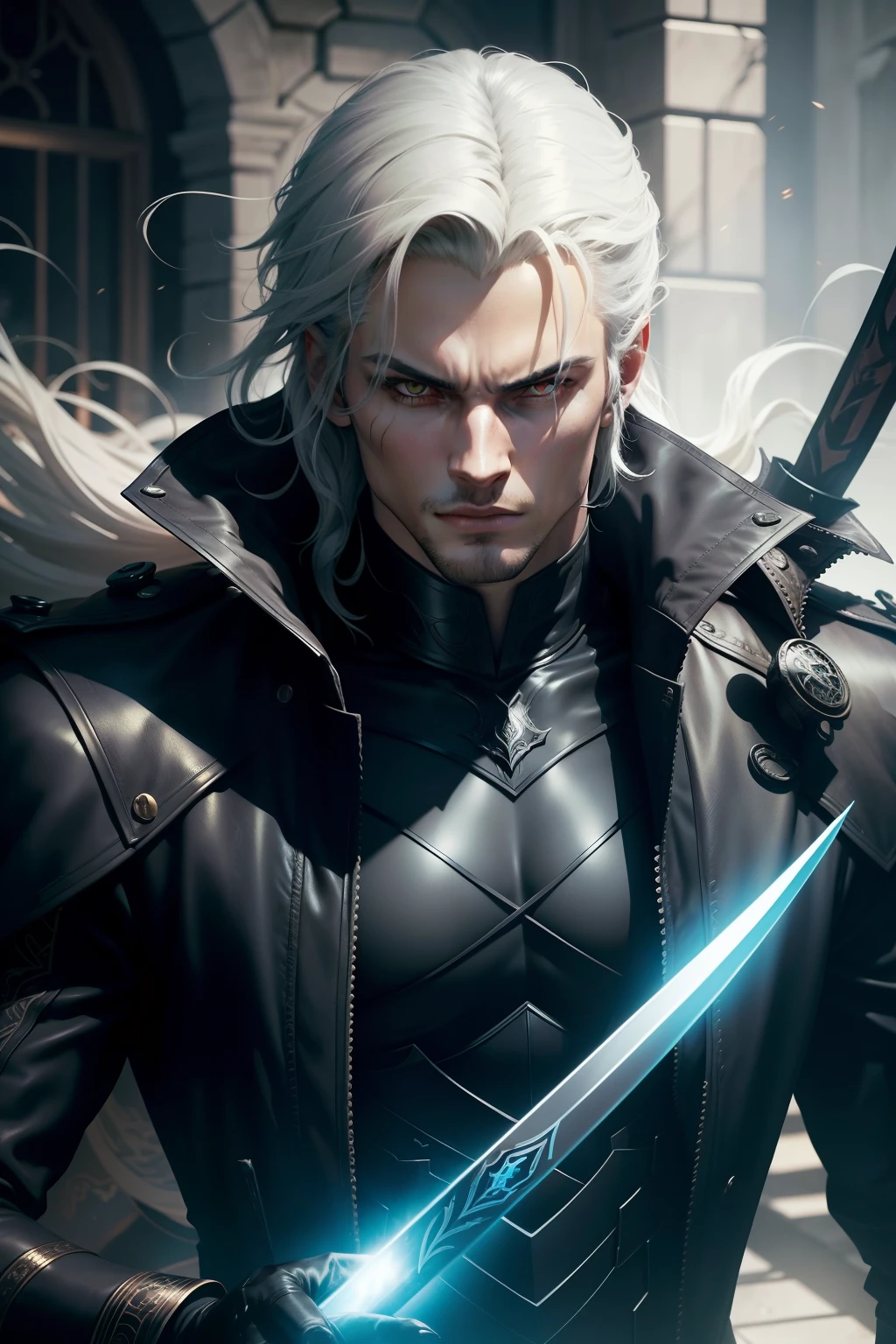 Loric, o Espadachim das Sombras:
He is gorgeous and wears a dark leather overcoat that seems to merge with the shadows around him. His hair is black as night and his eyes shine with a wild intensity. Ele segura uma katana sombria, sharp as his own determination. Loric moves with agility and grace, sliding through the shadows as an extension of them. Estilo de arte do jogo Elden Ring. Seu visual se parece com o de Vergil de Devil May Cry.