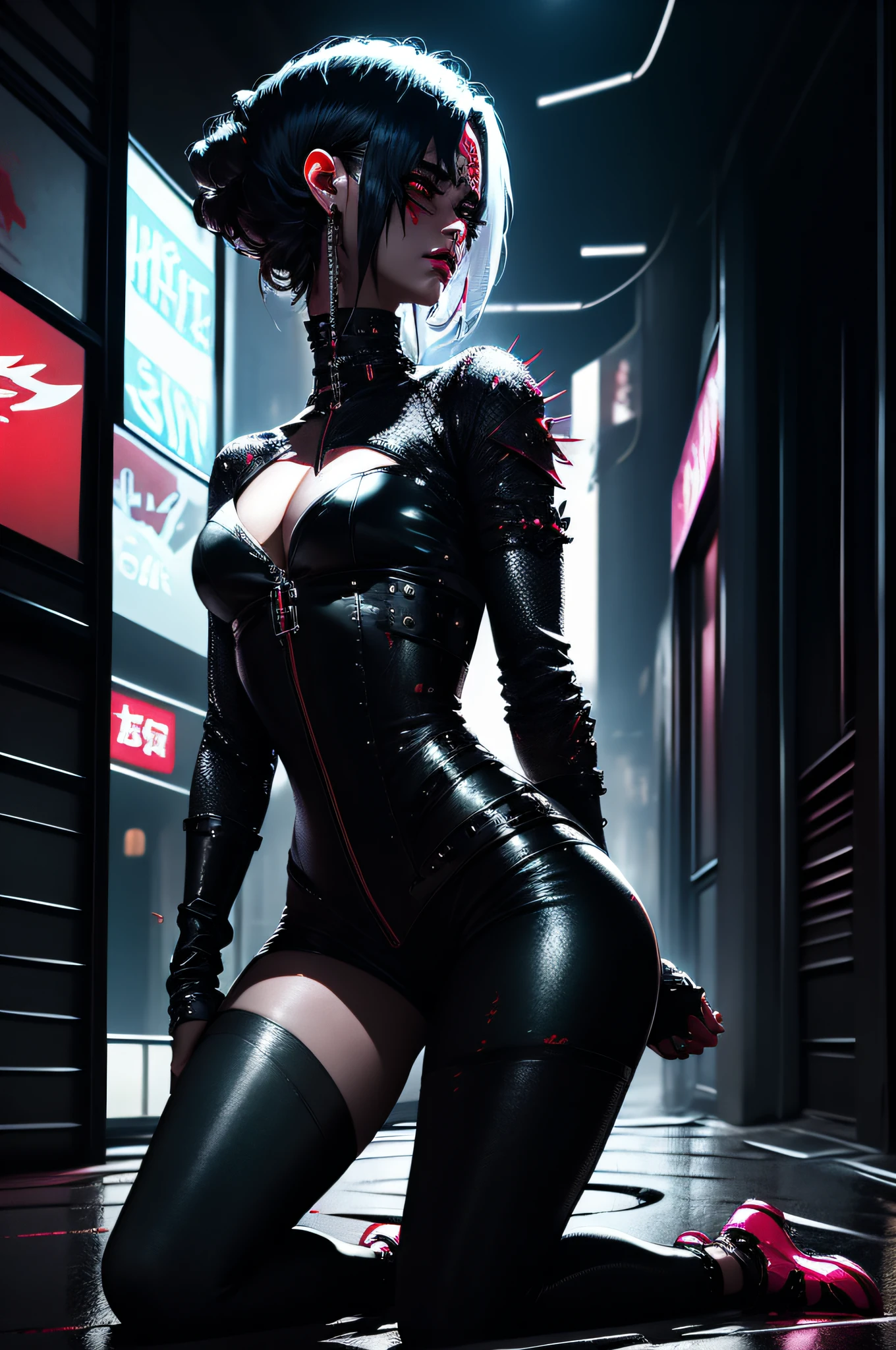 wearing a potionbelt, modern mini neon skirt, (perfect lighting, shadows), (8k high definition), insanely detailed, intricate,realistic, colorful smoke, cyber implant, steampunk panties, from below, riding a motorcycle, bunny helmet, night, (cyber city), after rain, reflections, cry, sad, wide open eyes, mouth open, fangs, frown, outside, futuristic city, (back alley), (night), wet leather_pants, 1girl, solo, 1girl, ruby rose, long sleeves, red cape, pantyhose, masterpiece, best quality, grey eyes, kneeling, bleeding, injured, blood, holding arm, one eye open, pain, torn clothes, dungeon, cave, monsters, (neon signs), (akihabara), green eyes, makeup, sharp eyebrows, beautiful face, petite