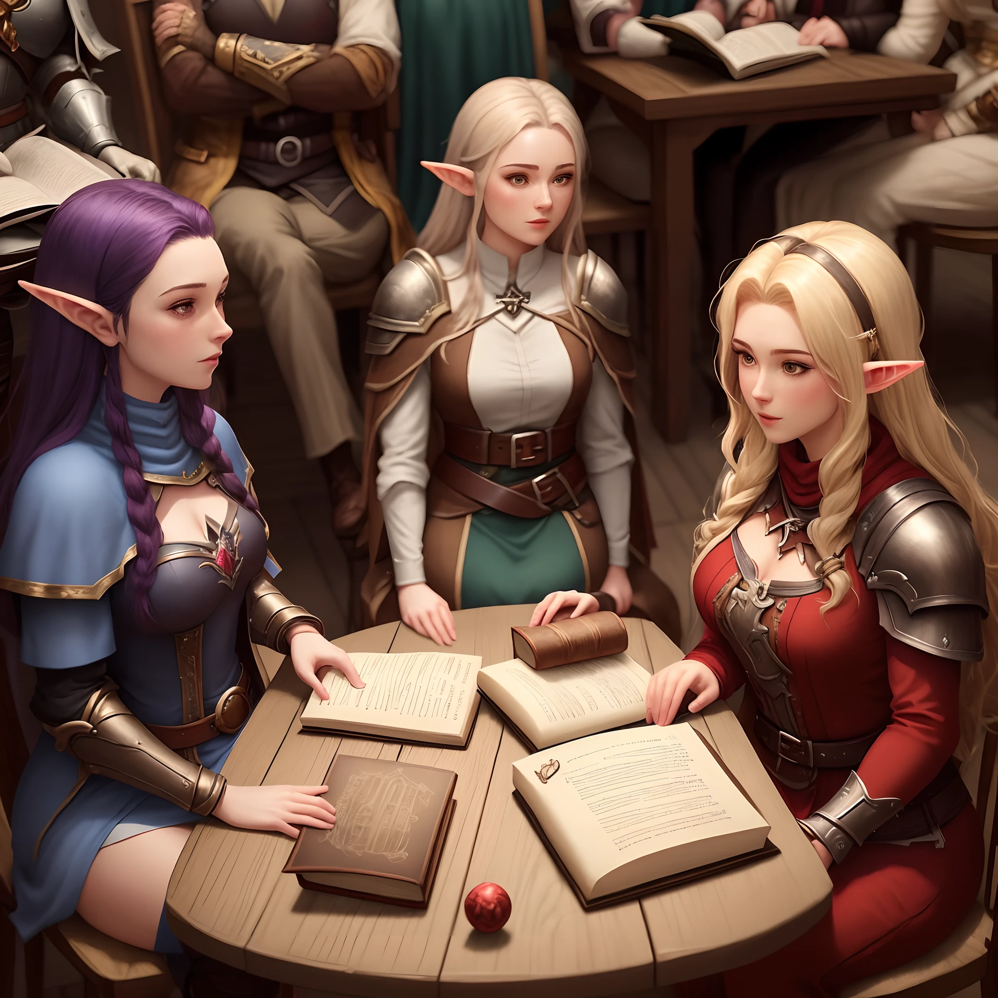 Imagine a roleplaying group of six people, sitting at a table and wearing the following clothes: one dressed in a paladin's outfit, a woman in an elf's dress, a woman in a dwarf's dress, a woman in a witch's dress, a woman in a barbarian attire and the RPG man master with a book in hand.