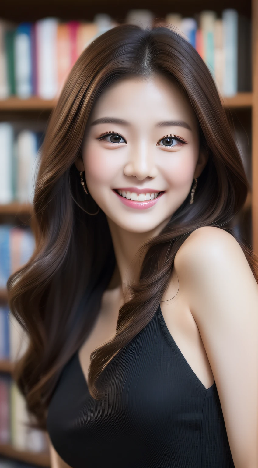 ((Best quality, 8k, Masterpiece :1.3)), 1girl, Heather Kim smiling, full body, slim face, Pretty woman, (Dark brown hair), full length dress :1.1, Ultra-detailed face, Detailed eyes, Double eyelid, blur background, slim face, in library