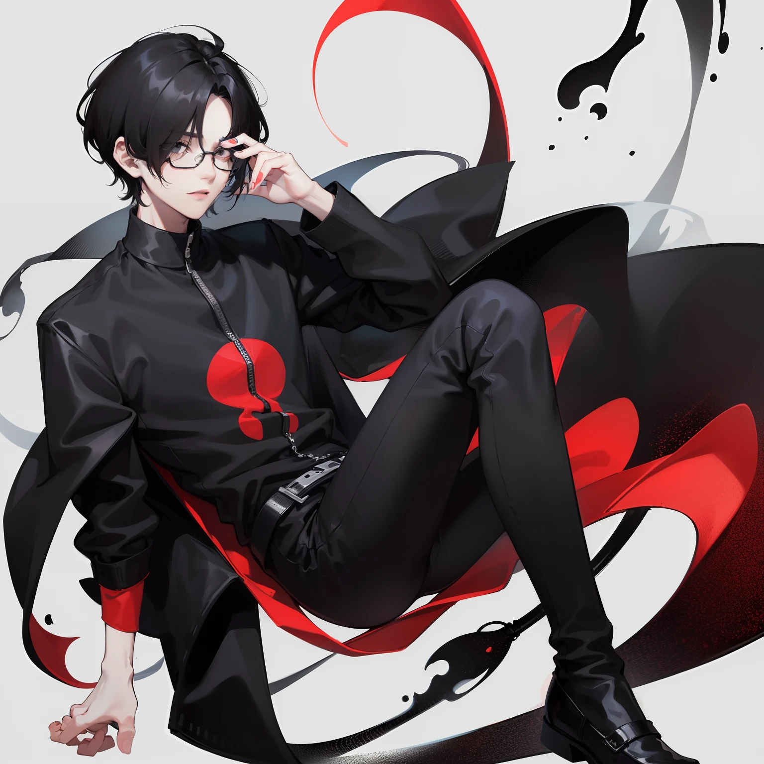 One Man, Mostly men, jet-black hair, Black shirt, Long black pants, 年轻, Hair covering one eye, Simple background, Solo, Straight hair, Short hair, Dark glasses, Mole under the eyes, Slender body, slender hands, Slender legs, Dark personality, Hollow eyes, slanted eye, Oh