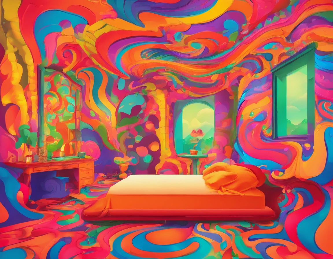 brightly colored image of a woman sitting on a bed in a room, trippy art, psychedelic illustration, psychedelic art style, psychedelic aesthetic, psychedelic style, lsd trip, psychedelic trip, psychedelic!!, psychedelic digital art, psychedelic!!!!, psychedelic fever dream, psychedelic, just take a pinch of psychedelic, psychedelic!, psychedelia, psychotropic psychedelic, psychedelic!!!!!!!!!!!!!!!!!!!!!, trippy mood