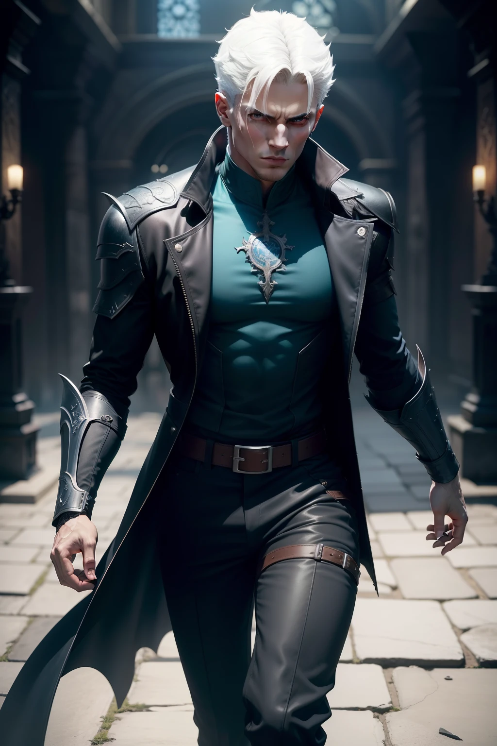 Loric, o Espadachim das Sombras:
He is a seductive man and wears a dark leather overcoat over light armor. Her short hair is white. Ele empunha uma katana sombria. Loric moves with agility and grace, sliding through the shadows as an extension of them. Estilo de arte do jogo Elden Ring. Seu visual se parece com o de Vergil de Devil May Cry.